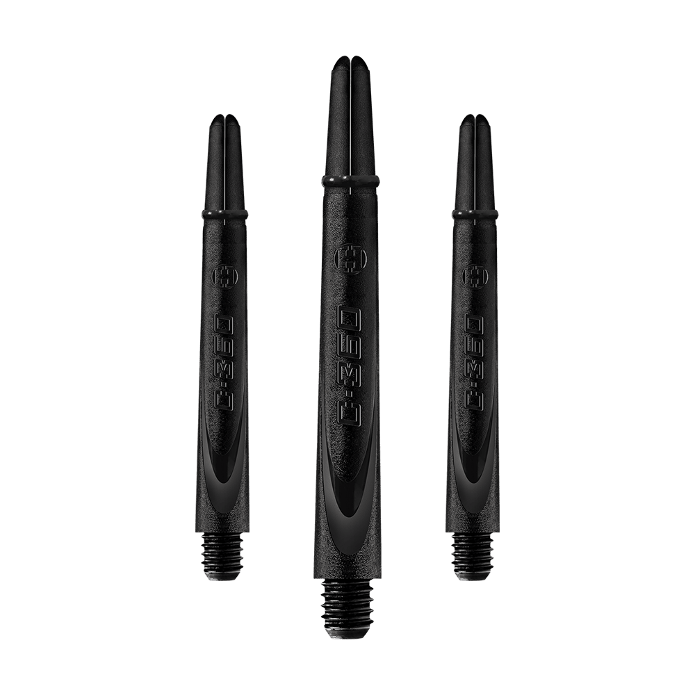 HR460_Harrows_Carbon_360_Shafts_Schwarz_49mm_1 Das Bild zeigt drei schwarze Dartschäfte aus Carbon. Sie sind länglich, haben ein Gewinde am unteren Ende und die Aufschrift "C-360" ist sichtbar.