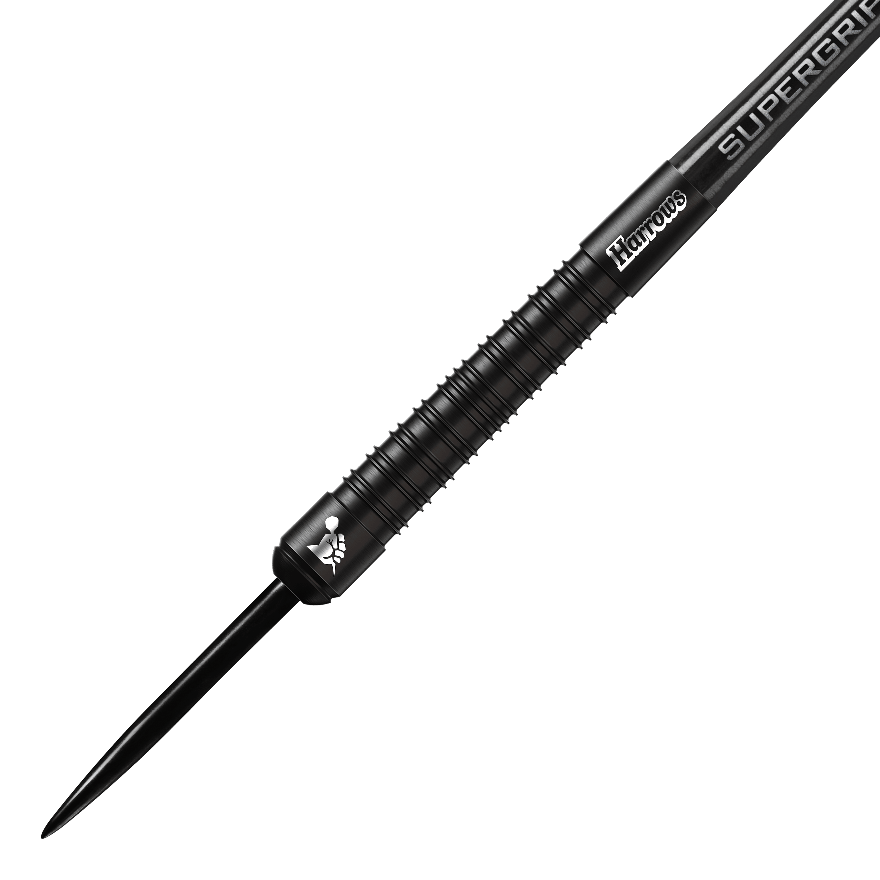 Harrows Supergrip Black-Edition Steeldarts Das Bild zeigt einen schwarzen Steeldart der Marke Harrows aus der Supergrip Black-Edition. Der Dart hat ein geriffeltes Griffstück und ein elegantes, komplett schwarzes Design.