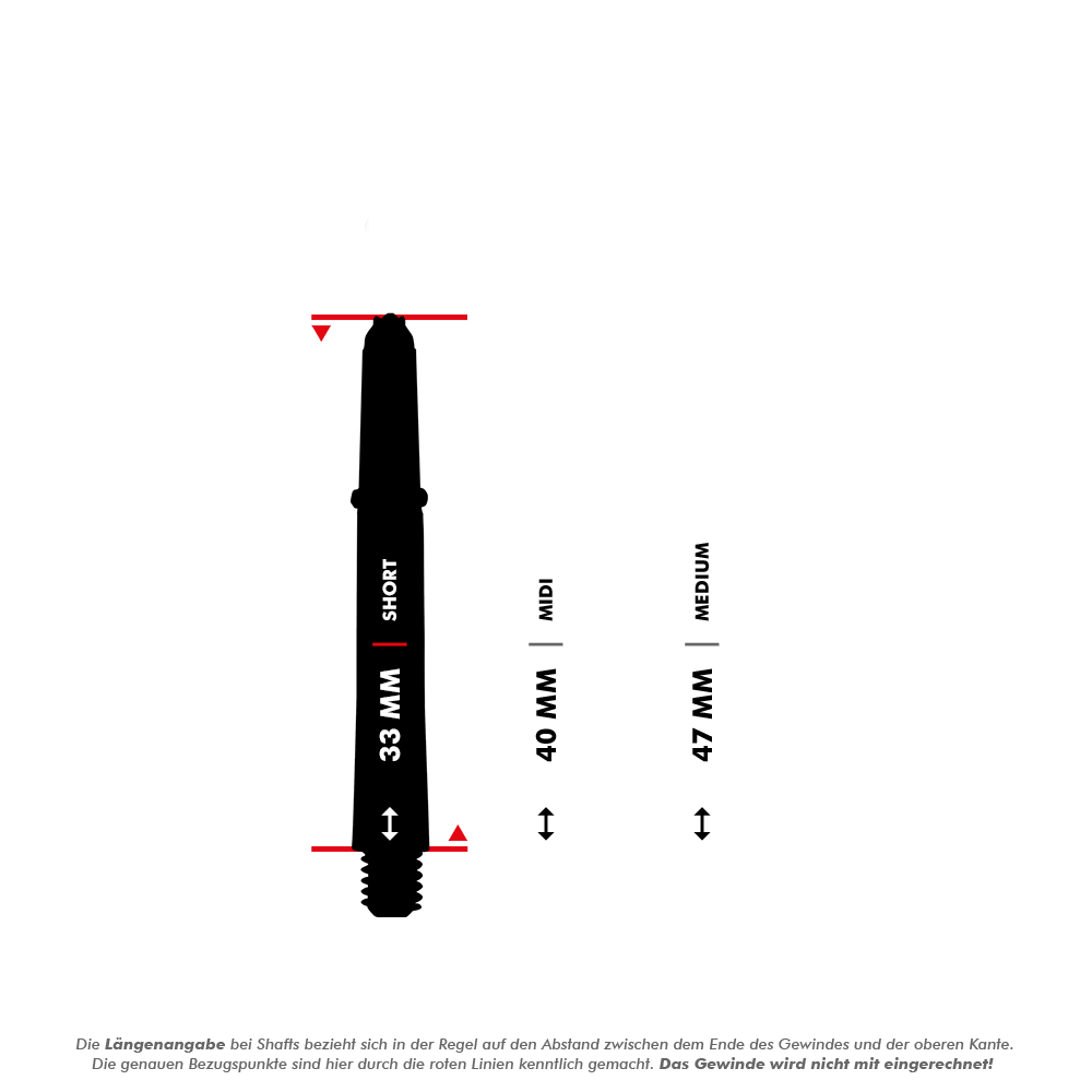 HR327_Harrows_Supergrip_Fusion_Shafts_5_33mmMwmiG0Bbukr1L Das Bild zeigt verschiedene Längen der Harrows Supergrip Fusion Shafts – Gelb. Die Längen sind 33 mm (Short), 40 mm (Midi) und 47 mm (Medium), gemessen vom Ende des Gewindes bis zur oberen Kante.