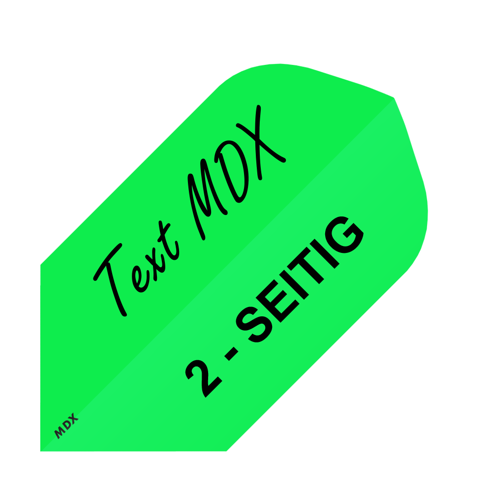 MD-453_2-Seitig_Bedruckte_Flights_Wunschtext_MDX_Gr-n_Slim_1 Das Bild zeigt ein grünes, längliches Dartflight mit schwarzer Aufschrift. Darauf steht "Text MDX" und "2 - SEITIG".