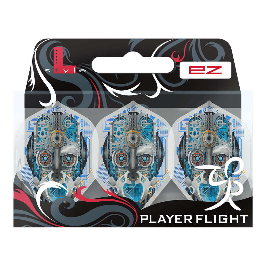 L-Style Berry Van Peer V3 Clear White L1EZ Flights Das Bild zeigt eine Verpackung mit drei weißen Dart-Flights namens "L-Style Berry Van Peer V3 Clear White L1EZ". Die Flights haben ein futuristisches Design mit einem Roboter-Gesicht auf jedem Flight.