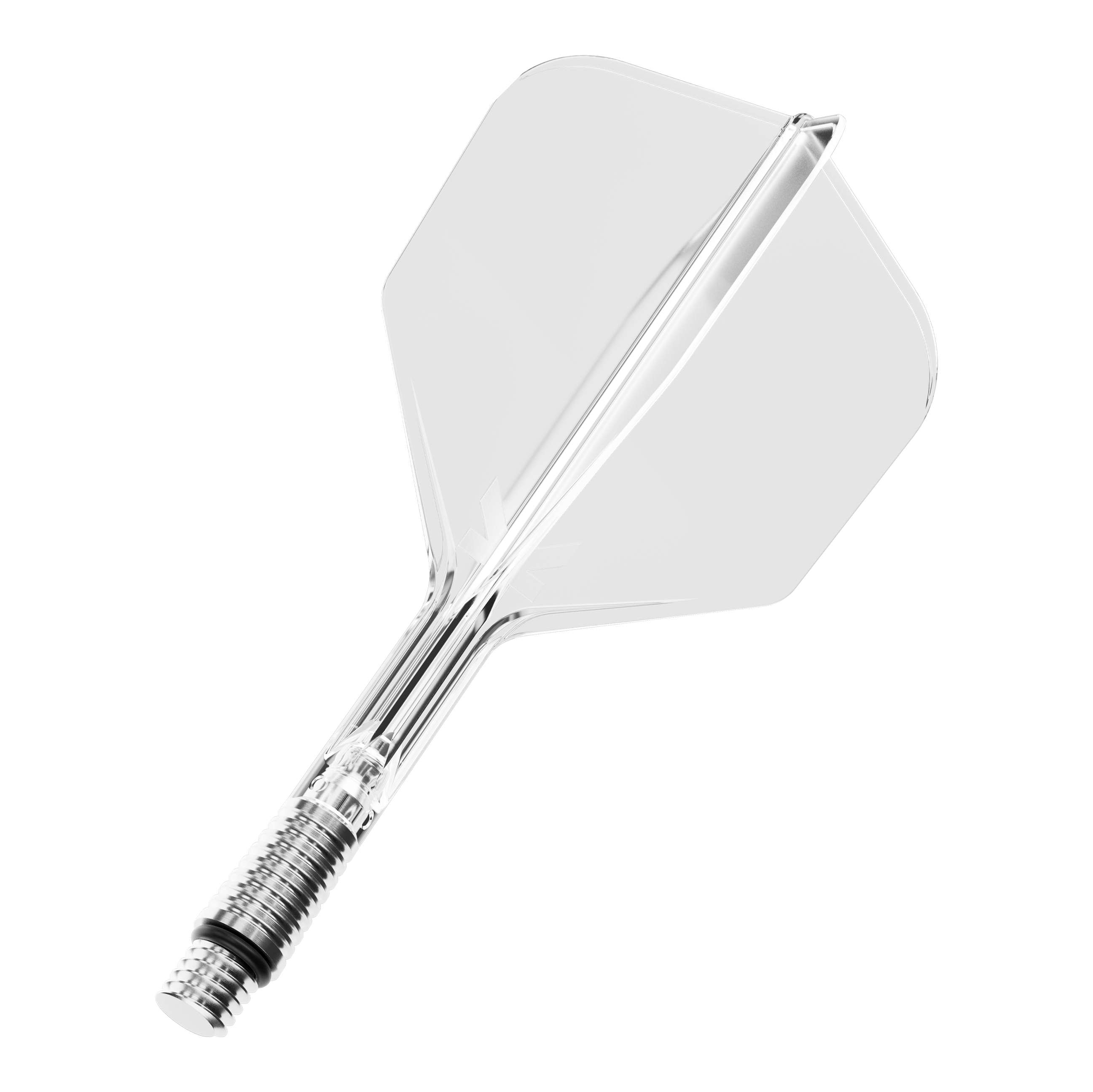 Das Bild zeigt ein transparentes Dart-Flugteil. Dieses Dart-Flight hat die Form No.6 und ist 26 mm groß.