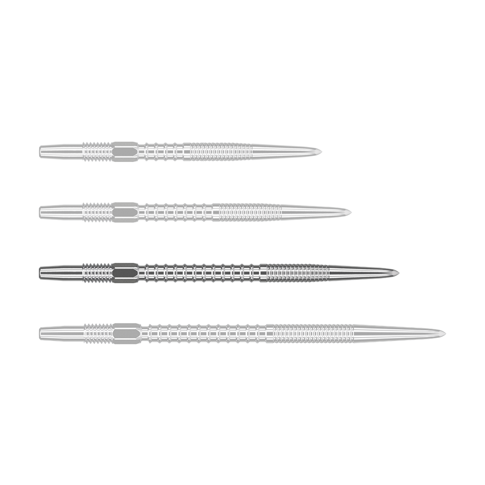 Auf dem Bild sind vier silberne Dartspitzen in einer Reihe zu sehen. Sie haben ein geriffeltes, metallisches Design und sind jeweils gleich lang.