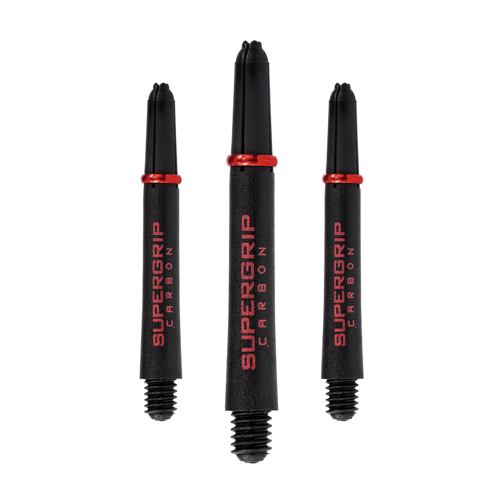 HR358_Harrows_Supergrip_Carbon_Shafts_Rot_40mm_1qQF1v5p2A5XWj Das Bild zeigt drei schwarze Harrows Supergrip Carbon Shafts mit roten Akzenten. Die Shafts sind in unterschiedlichen Längen angeordnet und haben den Aufdruck "SUPERGRIP CARBON" in Rot.