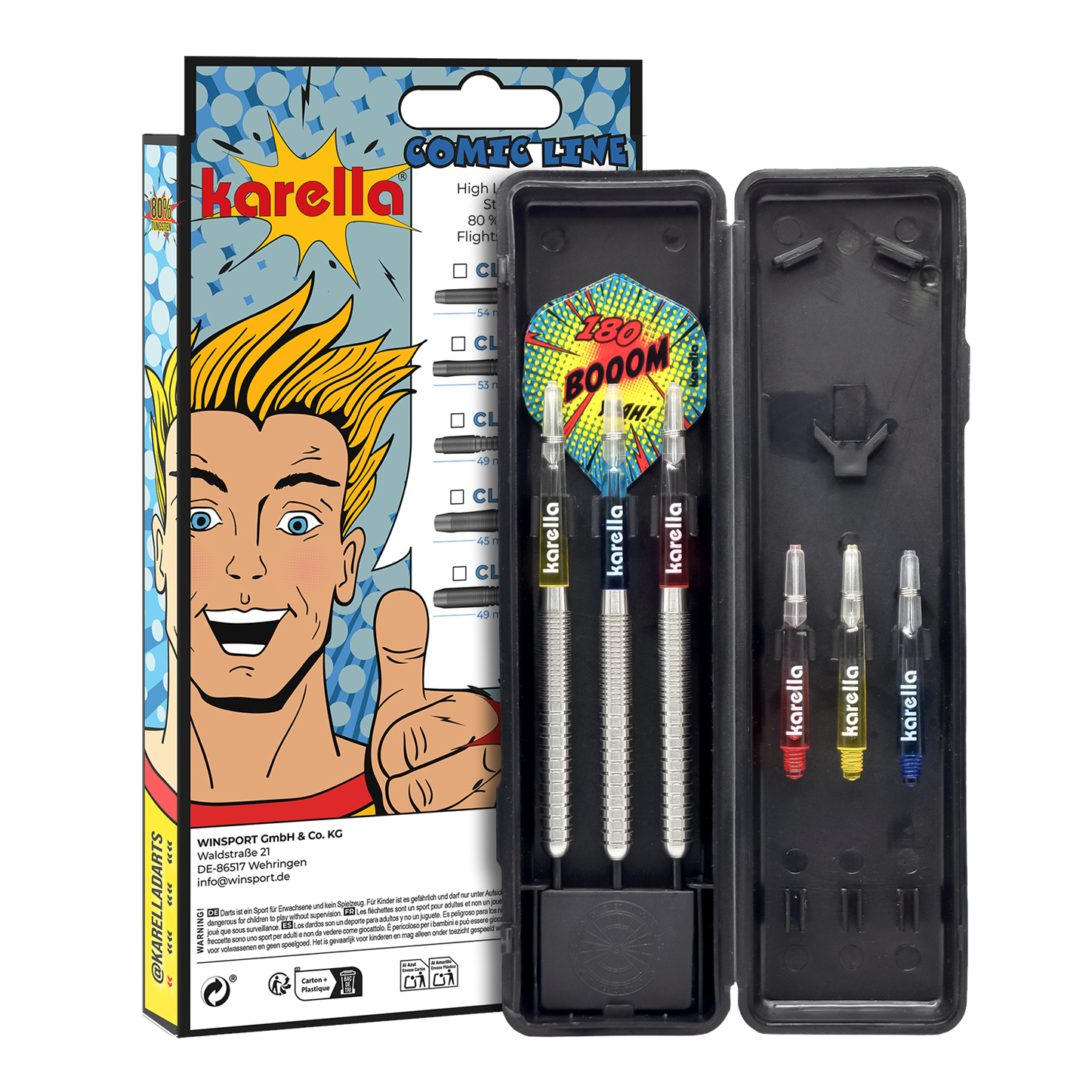 Karella Comic Line CL-1 Steeldarts - 22g Hier sehen Sie den Karella Comic Line CL-1 Steeldarts - 22g. Das Foto präsentiert Details des Dartpfeils.