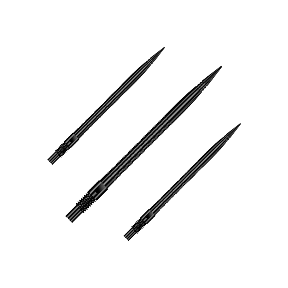 Schwarze Dartspitzen mit MicroRidge, etwa 35 mm lang. Das Bild zeigt ein komplettes Set dieser Dartspitzen.