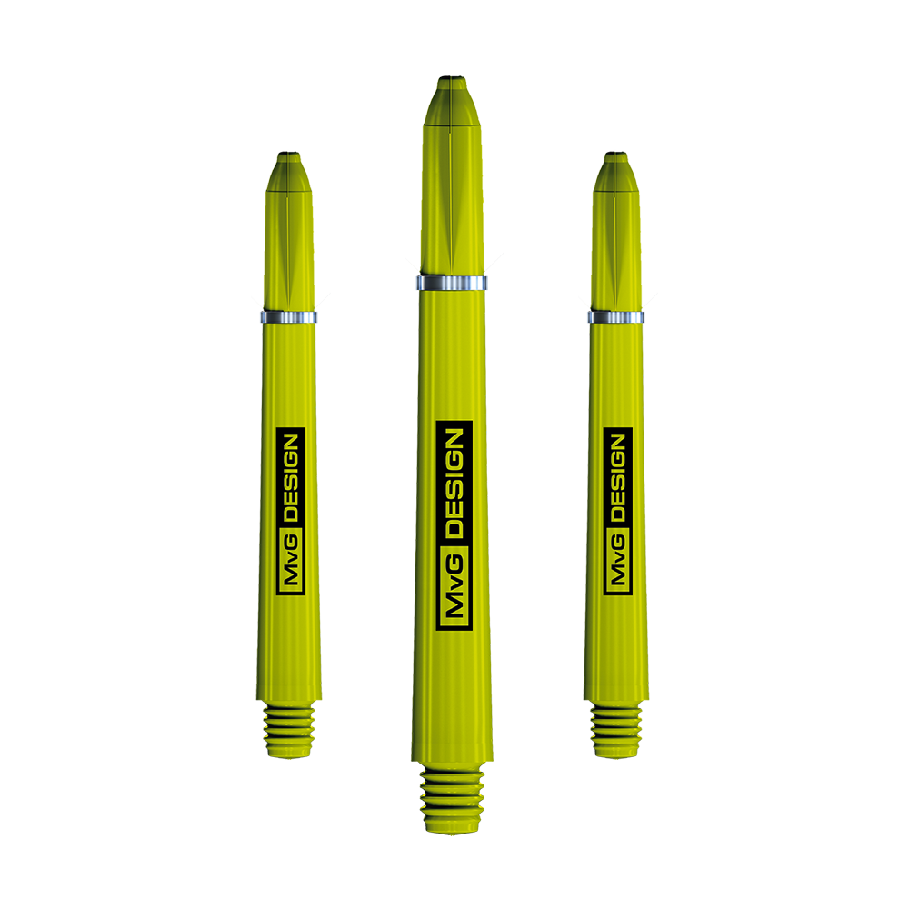Das Bild zeigt drei gelbe Winmau Nylon Ring Grip MvG Design Shafts. Auf jedem Schaft steht der Schriftzug "MvG DESIGN" vertikal.