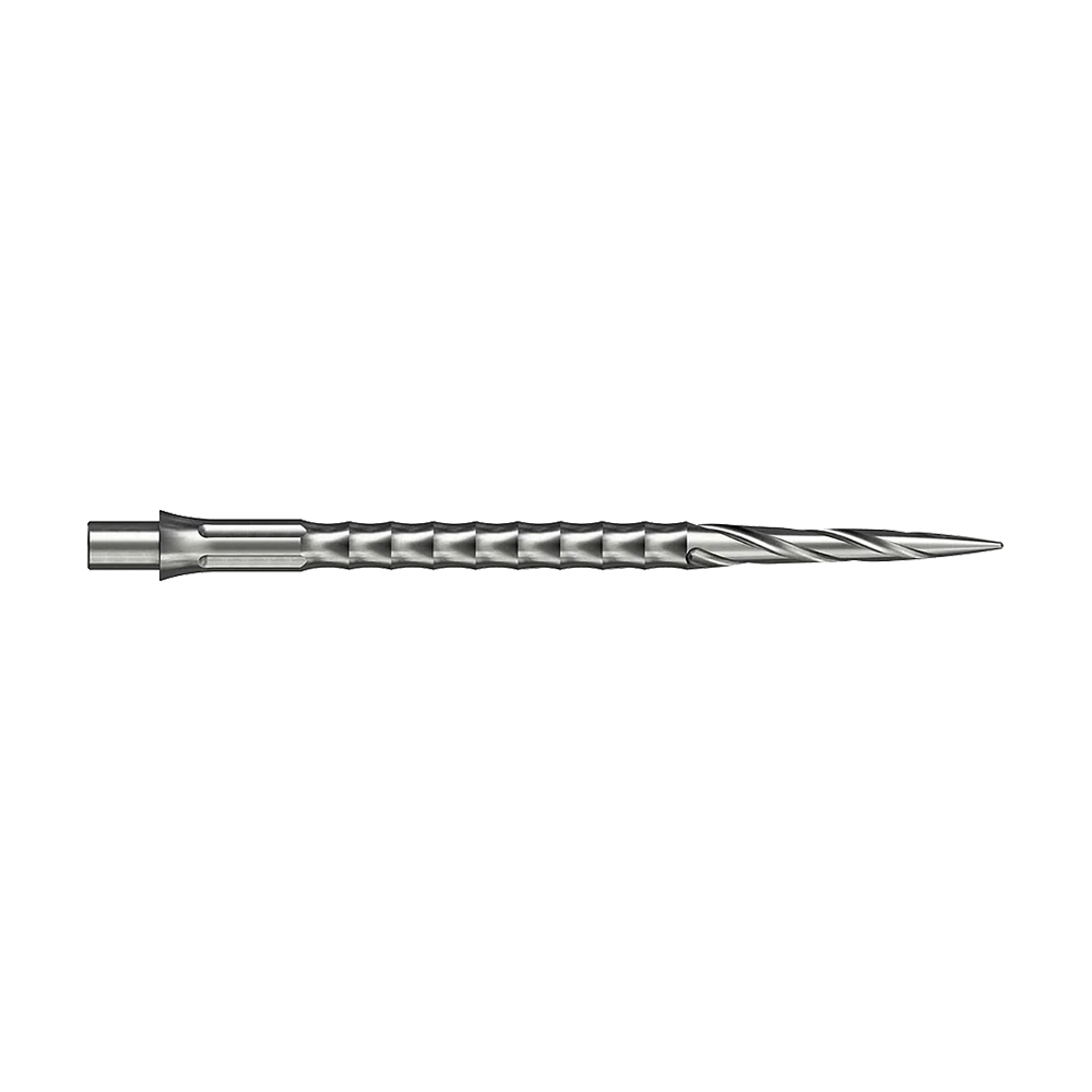 Die Abbildung zeigt ein silbernes Steeldartspitze aus dem Caliburn Evo System. Die Spitze hat ein Spiro NoLip Design und eine Länge von 40 mm.
