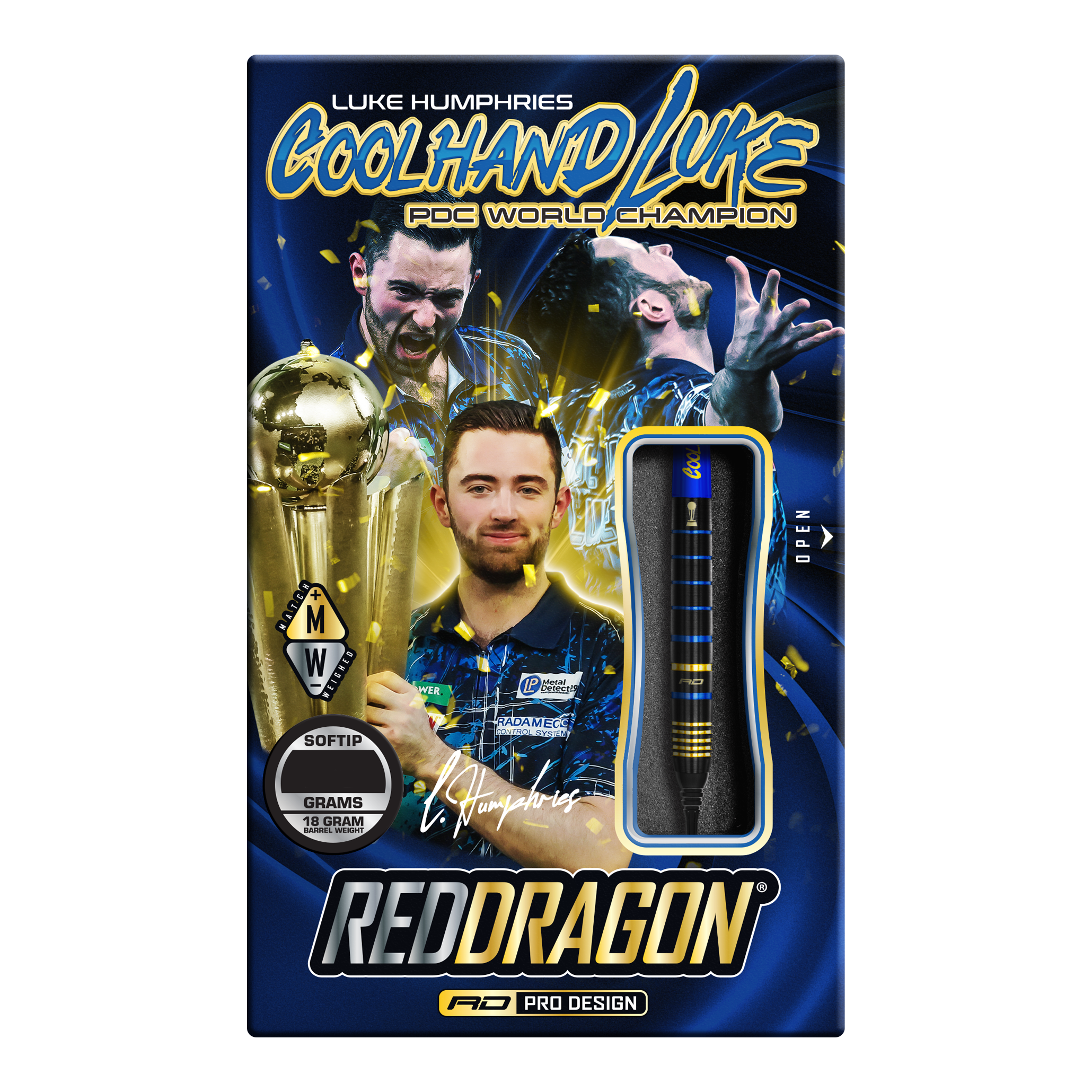 Red Dragon Luke Humphries TX4 Avenger Softdarts - 20g Die Verpackung zeigt die Red Dragon Luke Humphries TX4 Avenger Softdarts mit einem Gewicht von 20g. Auf der Vorderseite ist Luke Humphries als PDC-Weltmeister abgebildet.