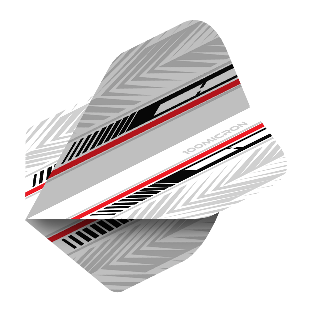 Pentathlon Flights weiß/schwarz/rot Das Bild zeigt ein Dart-Flight mit dem Namen "Pentathlon White Black Red No2 Standard Flights". Es ist überwiegend weiß und grau mit schwarzen und roten Akzenten und geometrischem Muster gestaltet.