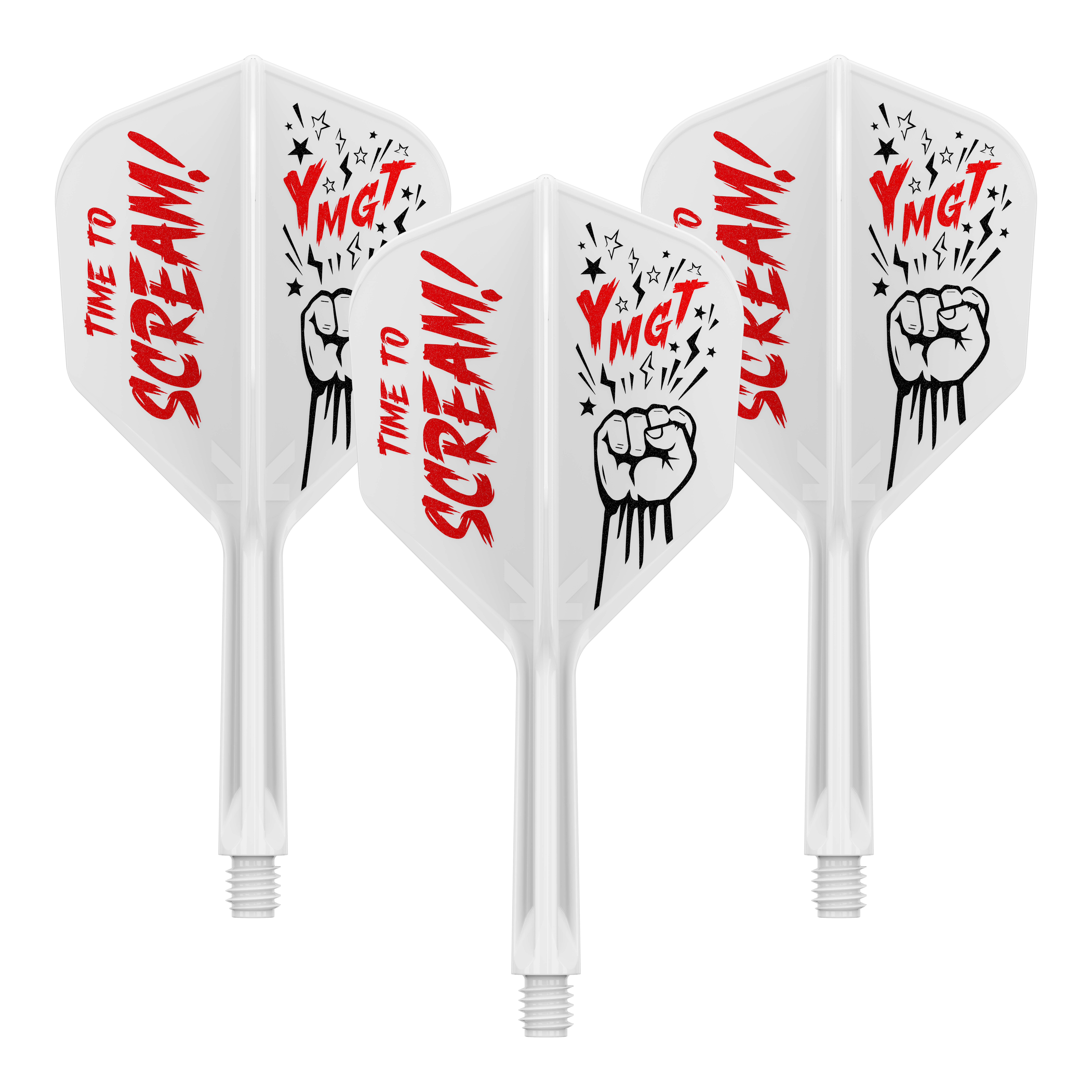 Das Bild zeigt drei weiße Dart-Flights mit integriertem Shaft. Auf den Flights steht in roter Schrift "TIME TO SCREAM!" sowie eine Zeichnung einer geballten Faust und der Text "YMG T".