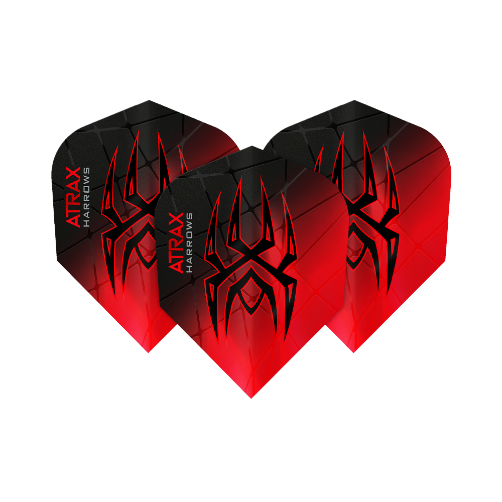 Harrows Atrax Prime No6 Flights Das Bild zeigt drei Harrows Atrax Prime No6 Flights in Schwarz und Rot mit einem markanten Spinnennetz-Design. Auf jedem Flight steht der Name "Atrax Harrows" an der Seite.