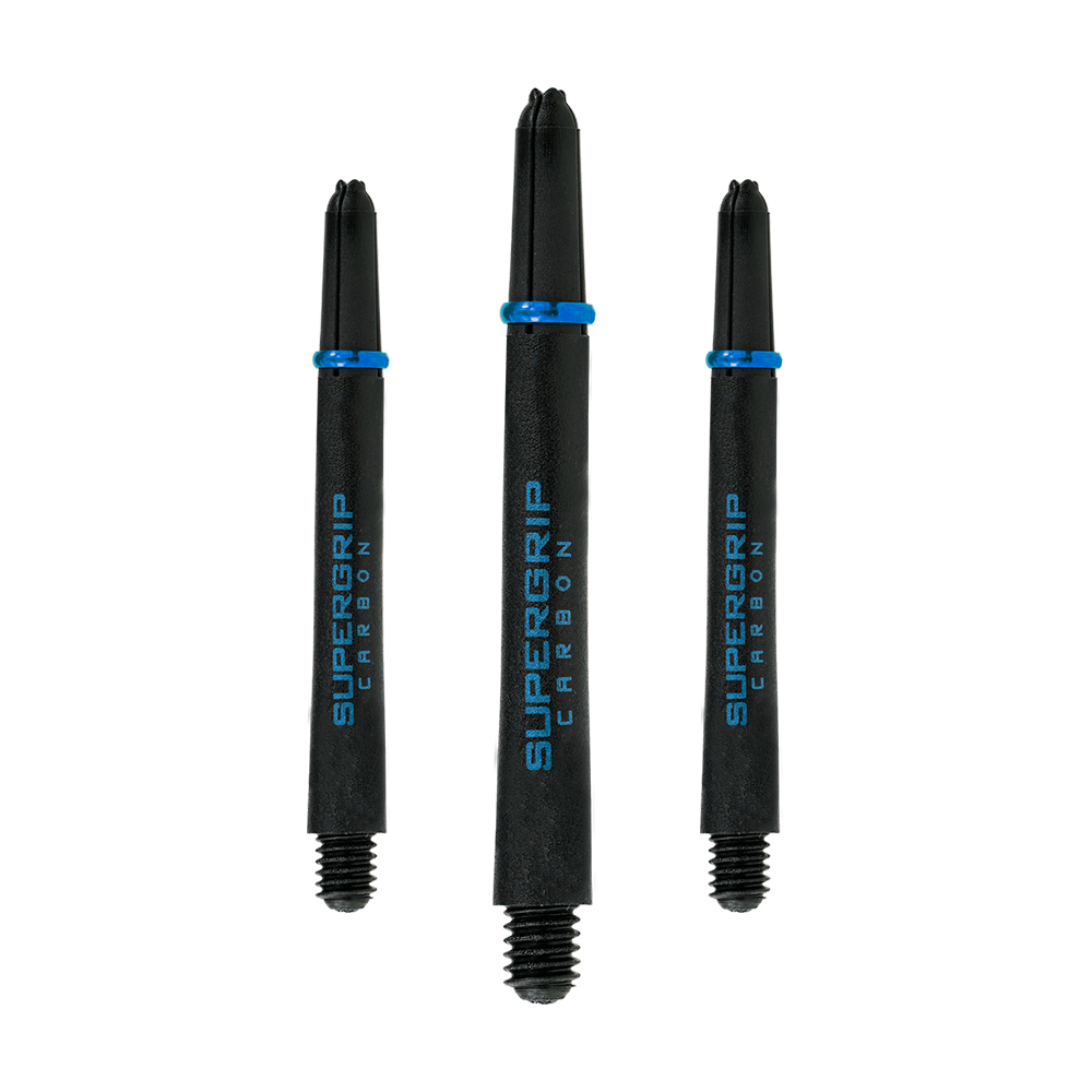 HR365_Harrows_Supergrip_Carbon_Shafts_Aqua_47mm_1h3v7kLjrtvigE Das Bild zeigt drei Harrows Supergrip Carbon Shafts in der Farbe Aqua. Die Dartschäfte sind schwarz mit blauen Akzenten und der Aufschrift "SUPERGRIP CARBON".