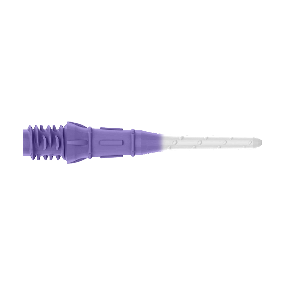 L-Style Premium Two Tone Lippoints (30er Pack)-Lila/Weiß Das Bild zeigt eine zweifarbige Dartspitze in Lila und Weiß. Der vordere Teil ist weiß, während der hintere Teil lila ist.