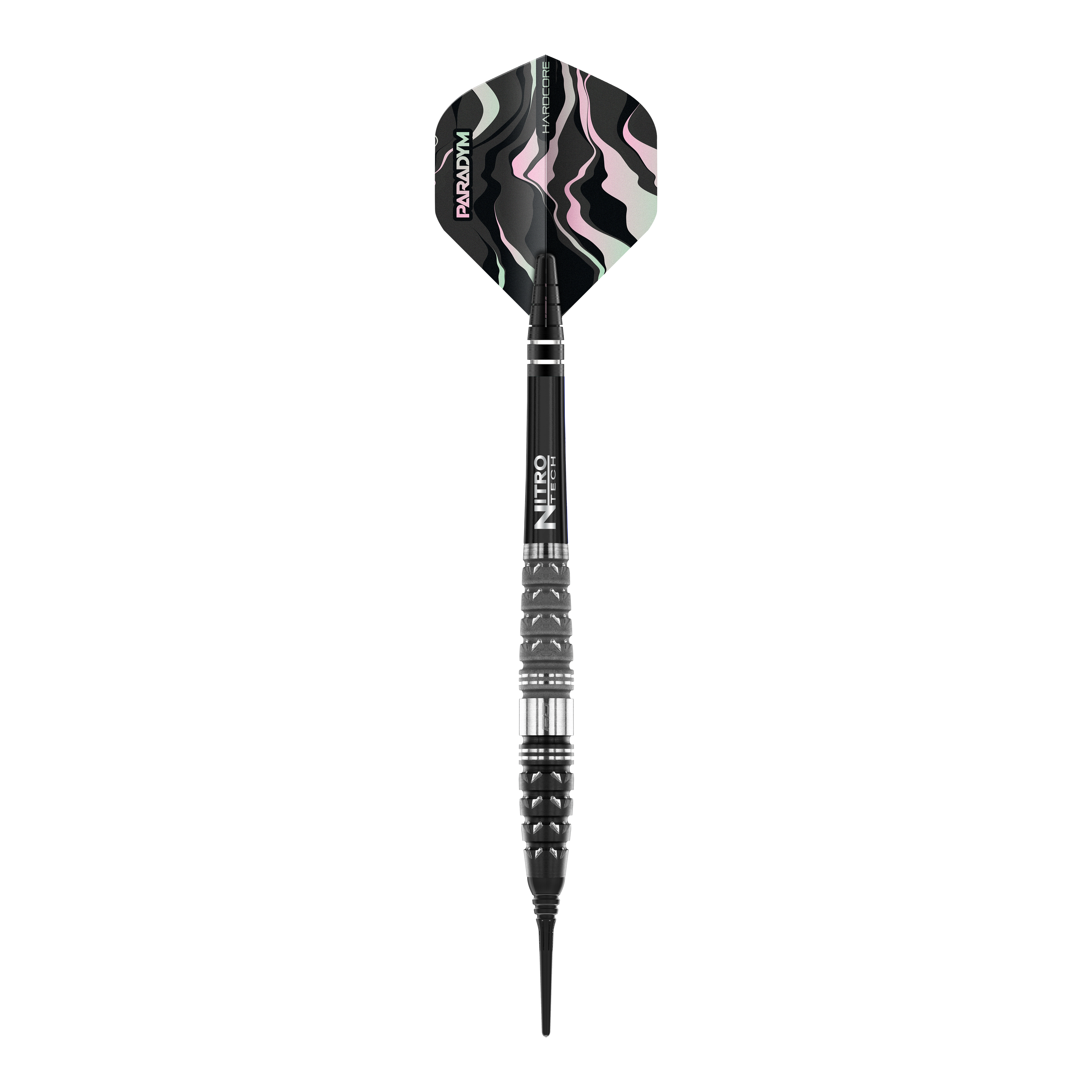 Red Dragon Paradym Torpedo Softdarts - 20g Das Bild zeigt einen Red Dragon Paradym Torpedo Softdart mit einem Gewicht von 20g. Der Dart hat ein schwarzes Gehäuse mit silbernen Akzenten und ein Muster in dunklen Farben auf dem Flight.