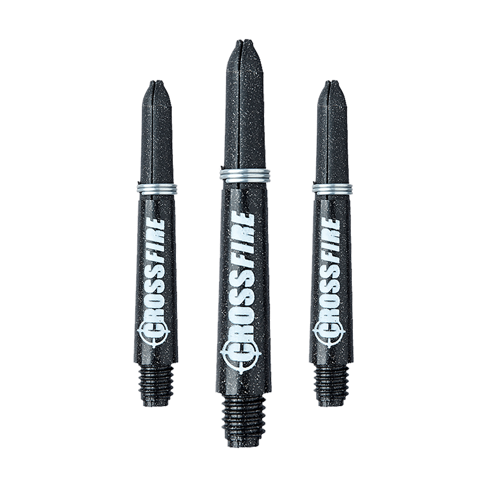 Das Bild zeigt drei schwarze RedDragon Crossfire Carbon Fibre Shafts für Dartpfeile. Auf jedem Schaft steht in weißer Schrift das Wort "CROSSFIRE".