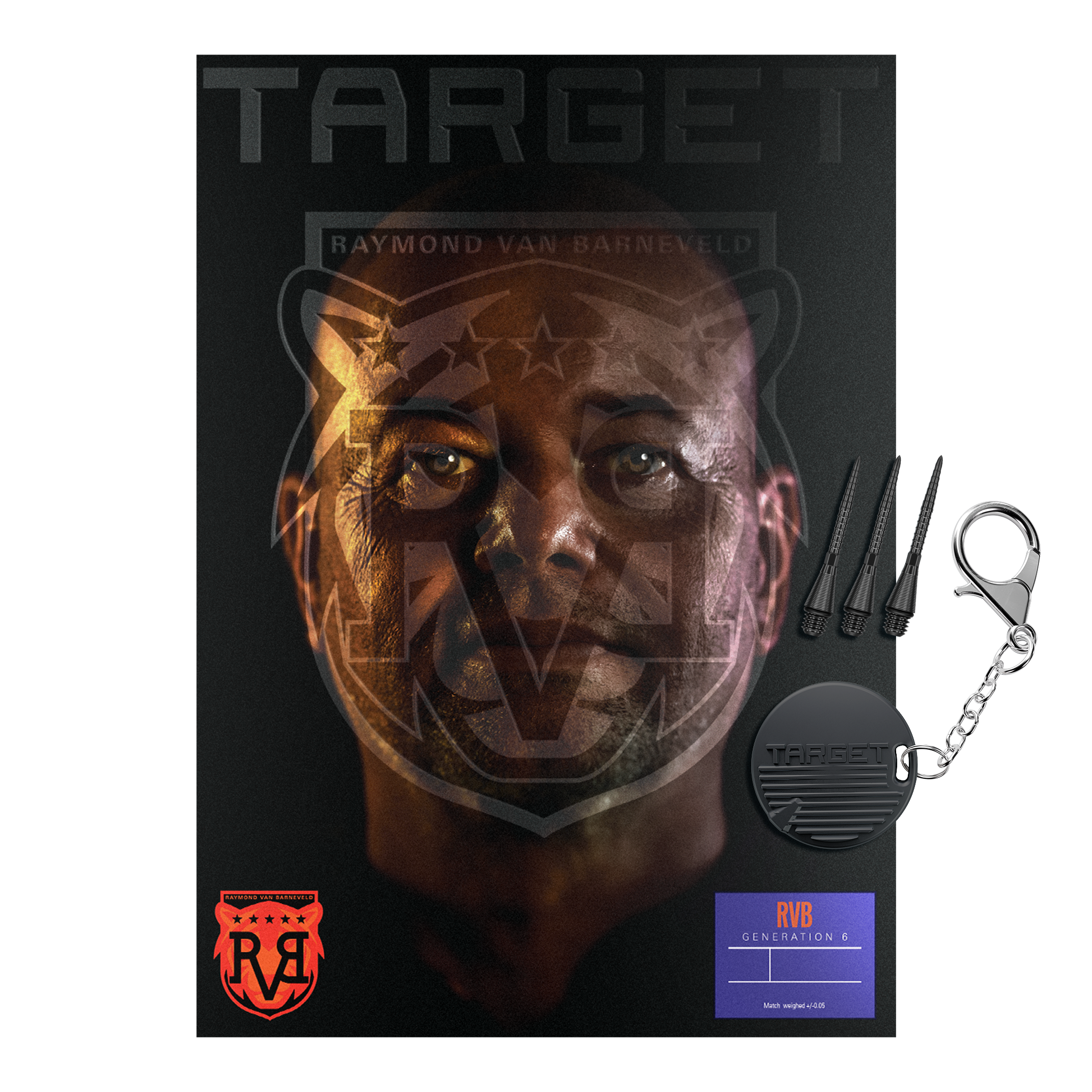 Target Raymond Van Barneveld GEN6 Softdarts Zu sehen sind die Target Raymond Van Barneveld GEN6 Softdarts. Die Darts werden im Detail von der Seite dargestellt.