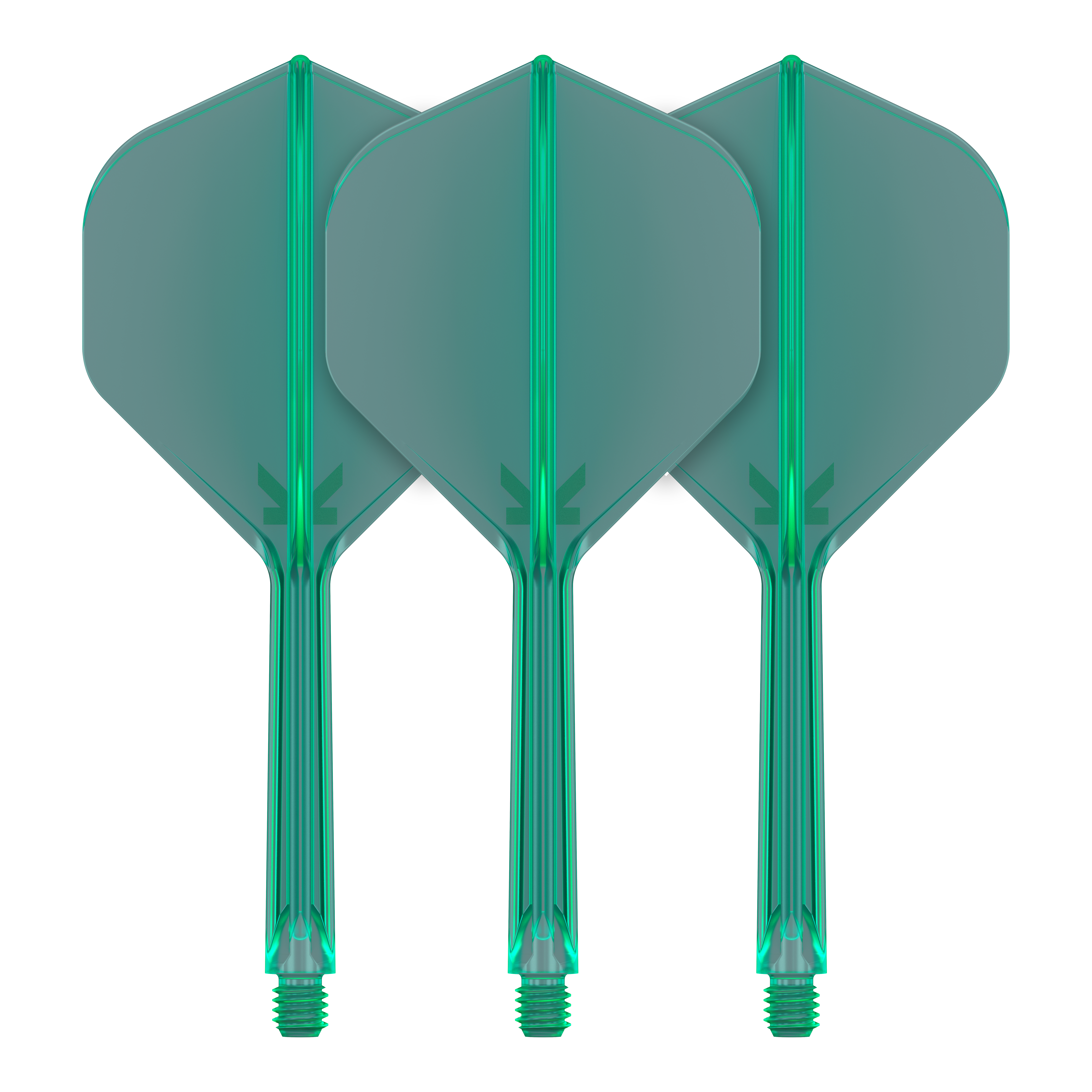 Das Bild zeigt drei grüne Dartflights mit integriertem Schaft. Sie sind nebeneinander angeordnet und haben ein schlichtes, modernes Design.