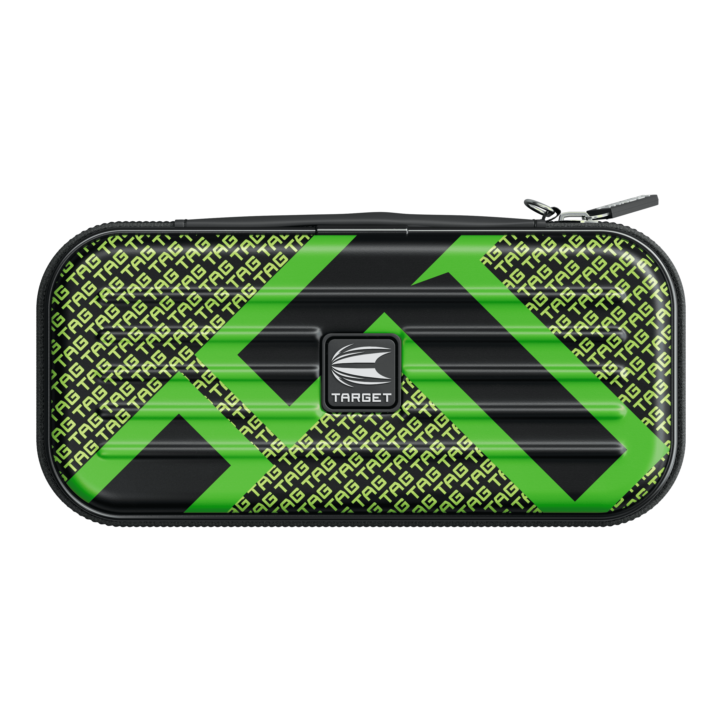 Das Bild zeigt ein Dartcase mit einem auffälligen grünen und schwarzen Design. In der Mitte befindet sich ein Logo mit der Aufschrift "TARGET".
