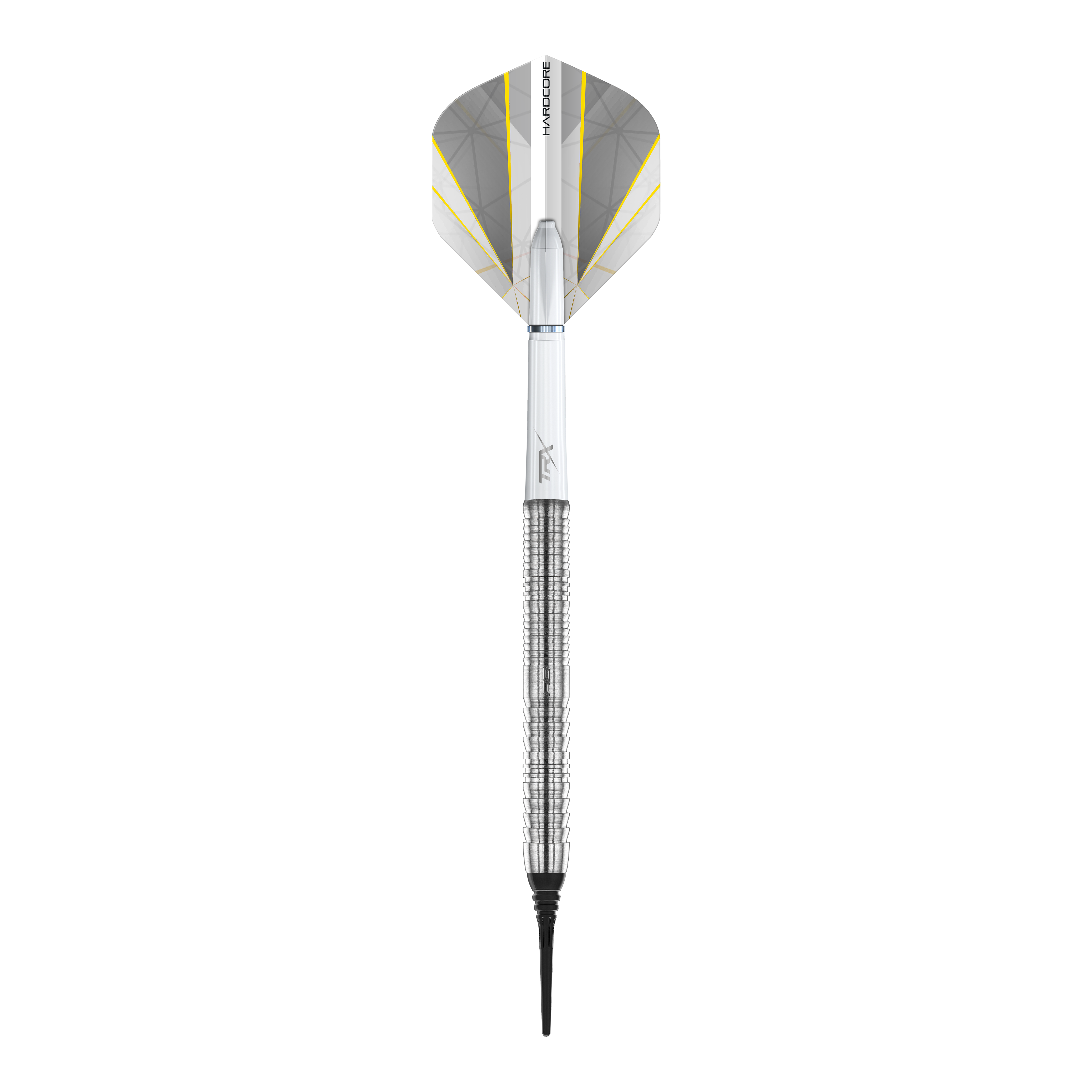 Red Dragon Seren 1 Pure Softdarts - 20g Das Bild zeigt einen Red Dragon Seren 1 Pure Softdart mit einem Gewicht von 20 Gramm. Der Dart ist silberfarben und hat eine weiße und gelbe Flight.