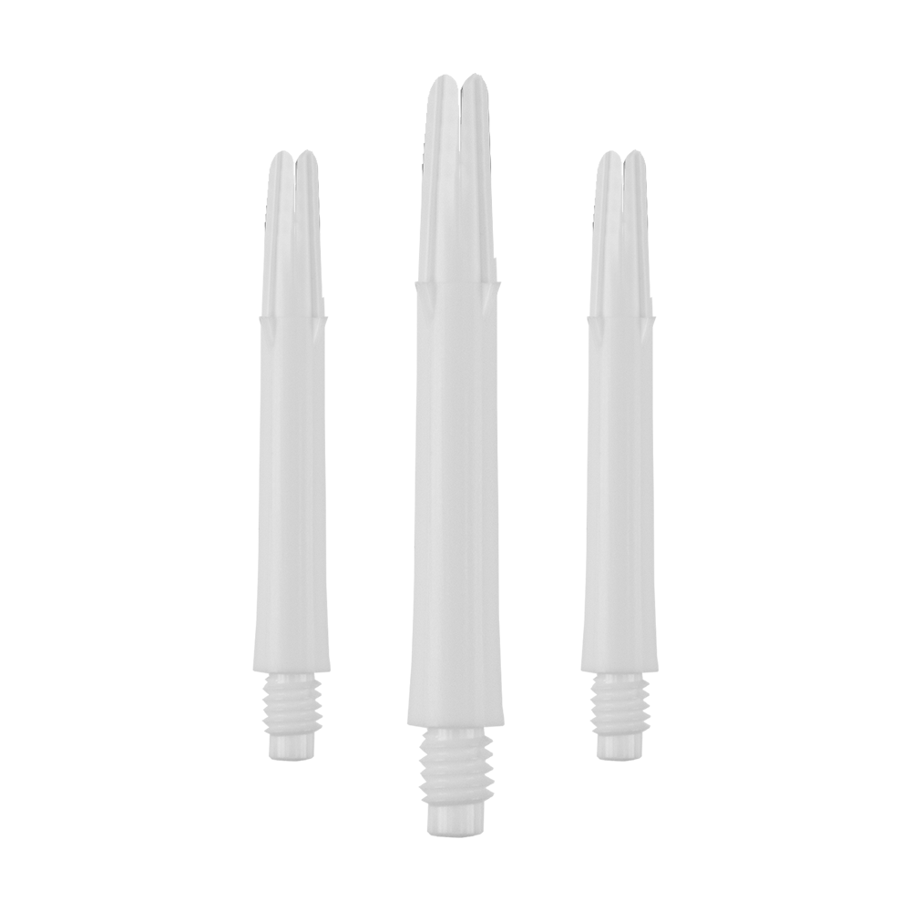 L-Style L-Shafts Locked Straight - White 260 Das Bild zeigt drei weiße, gerade Dartschäfte ohne Kappen. Sie sind nebeneinander angeordnet und haben unten ein Schraubgewinde.