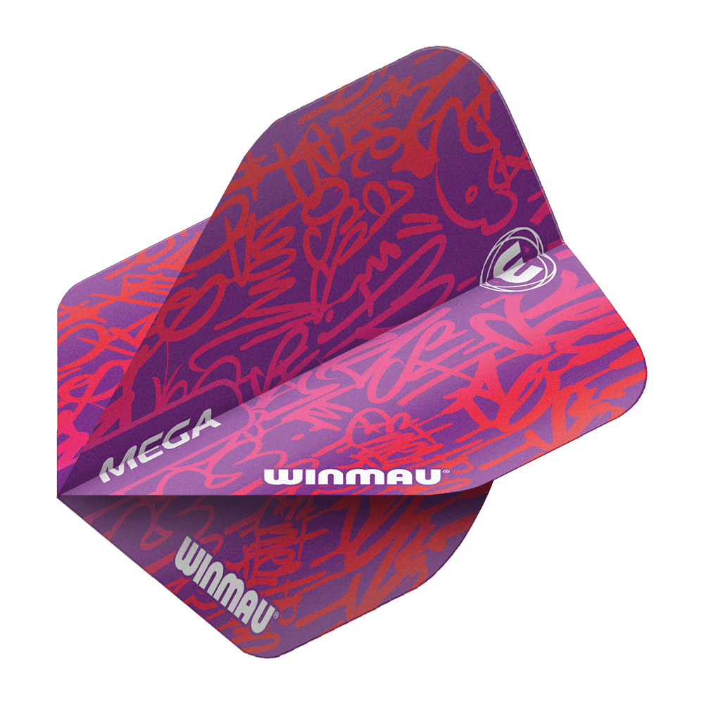 6900-242_Winmau_Mega_Red_Standard_Flights_2 Das Bild zeigt die "Winmau Mega Red Standard Flights" für Darts. Sie sind lila mit roten grafischen Mustern und dem weißen Winmau-Logo bedruckt.