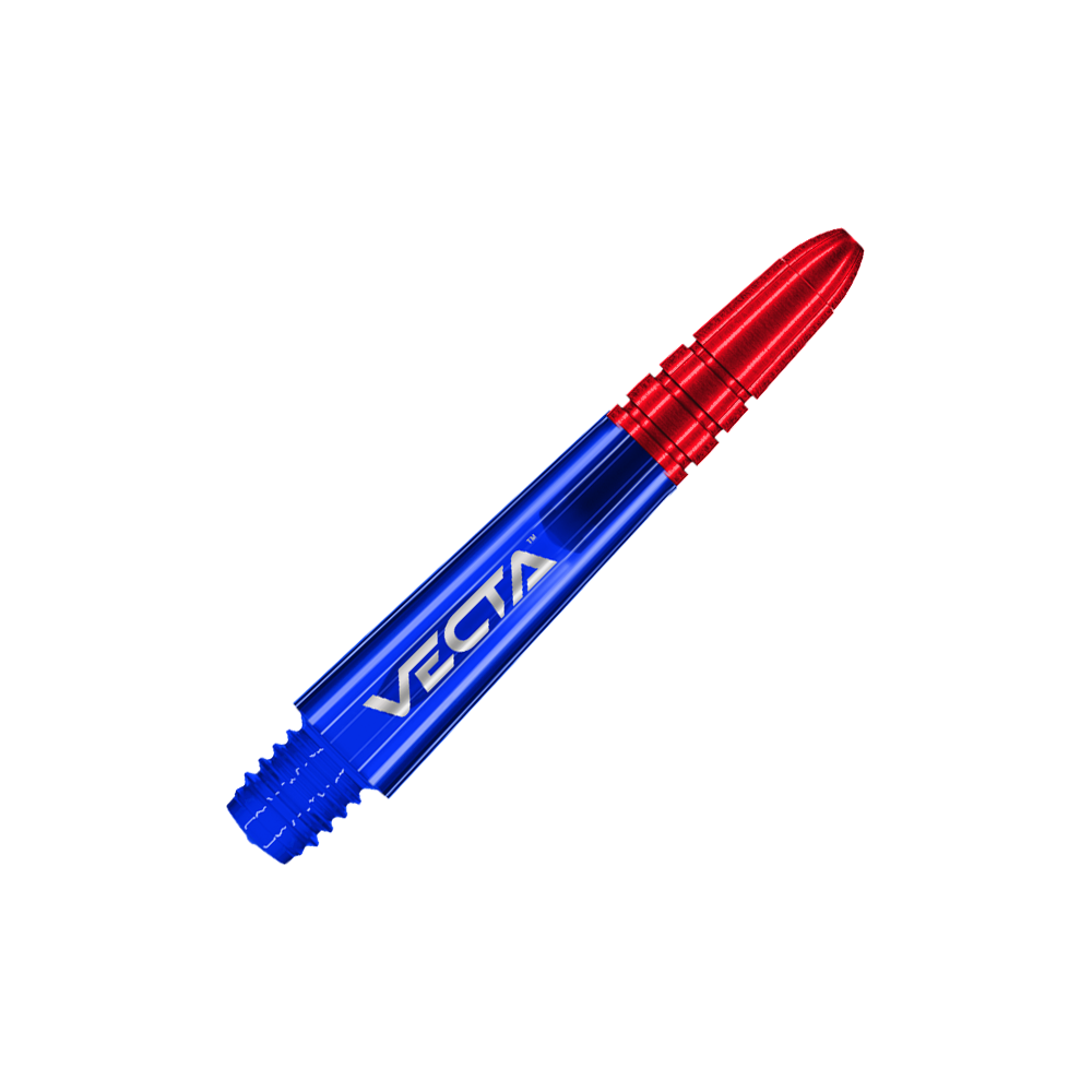 Das Bild zeigt einen blauen und roten Dartshaft mit der Aufschrift "VECTA". Der Shaft hat ein glänzendes, metallisches Design und ist 34 mm lang.