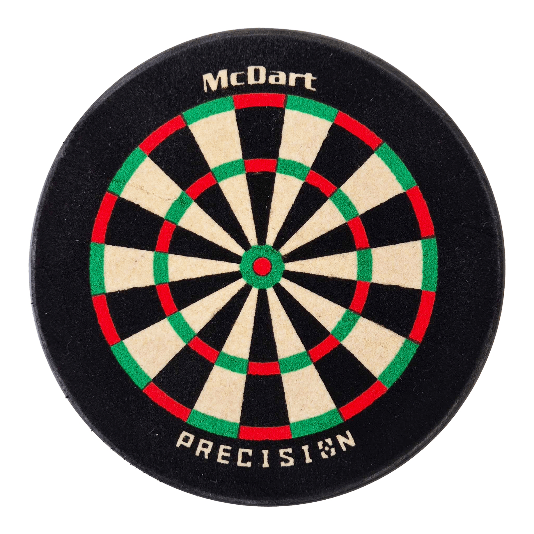 McDart Precision Mini Dartboard Darthalter Das Bild zeigt eine kleine, runde Dartscheibe mit der Aufschrift „McDart“ und „PRECISION“. Die Scheibe hat die klassischen Farben Weiß, Schwarz, Rot und Grün.