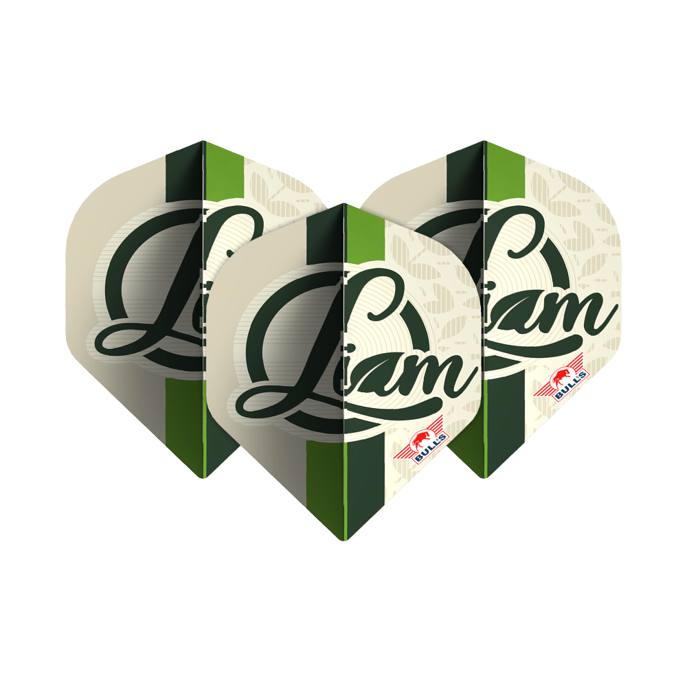 Bulls NL Player 100 Liam Maendl Lawrance No2 Standard Flights Das Bild zeigt drei Dart-Flights mit dem Namen "Liam" in grüner Schrift darauf. Unten rechts befindet sich das rote Bulls NL Logo.