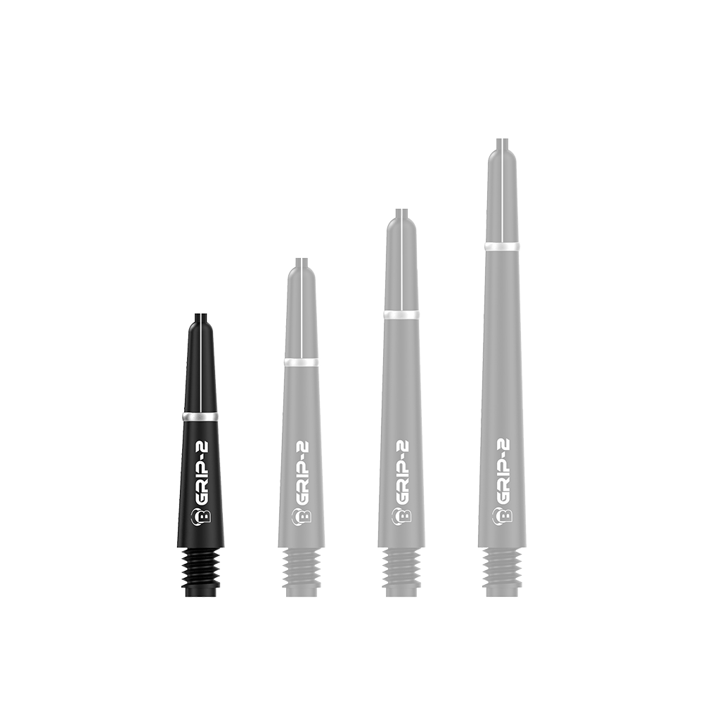 Das Bild zeigt vier schwarze Bulls B-Grip-2 SL Shafts in unterschiedlichen Längen. Sie sind für Dartpfeile gedacht und haben ein schlichtes, modernes Design.