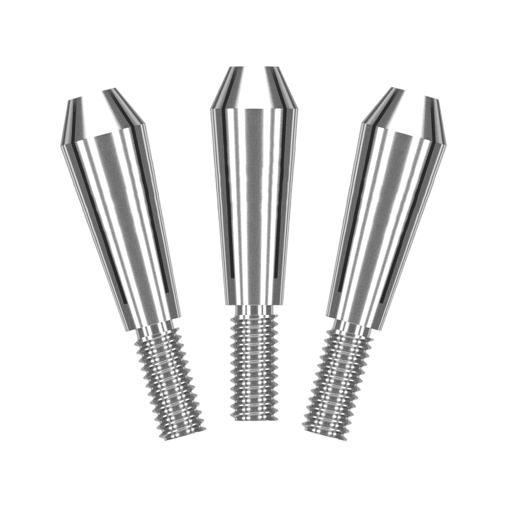 562_Harrows_Colette_Shafts_Ersatztops_1 Das Bild zeigt drei silberne Ersatzaufsätze für Harrows Colette Shafts. Sie sind aus Metall und haben ein Schraubgewinde am unteren Ende.