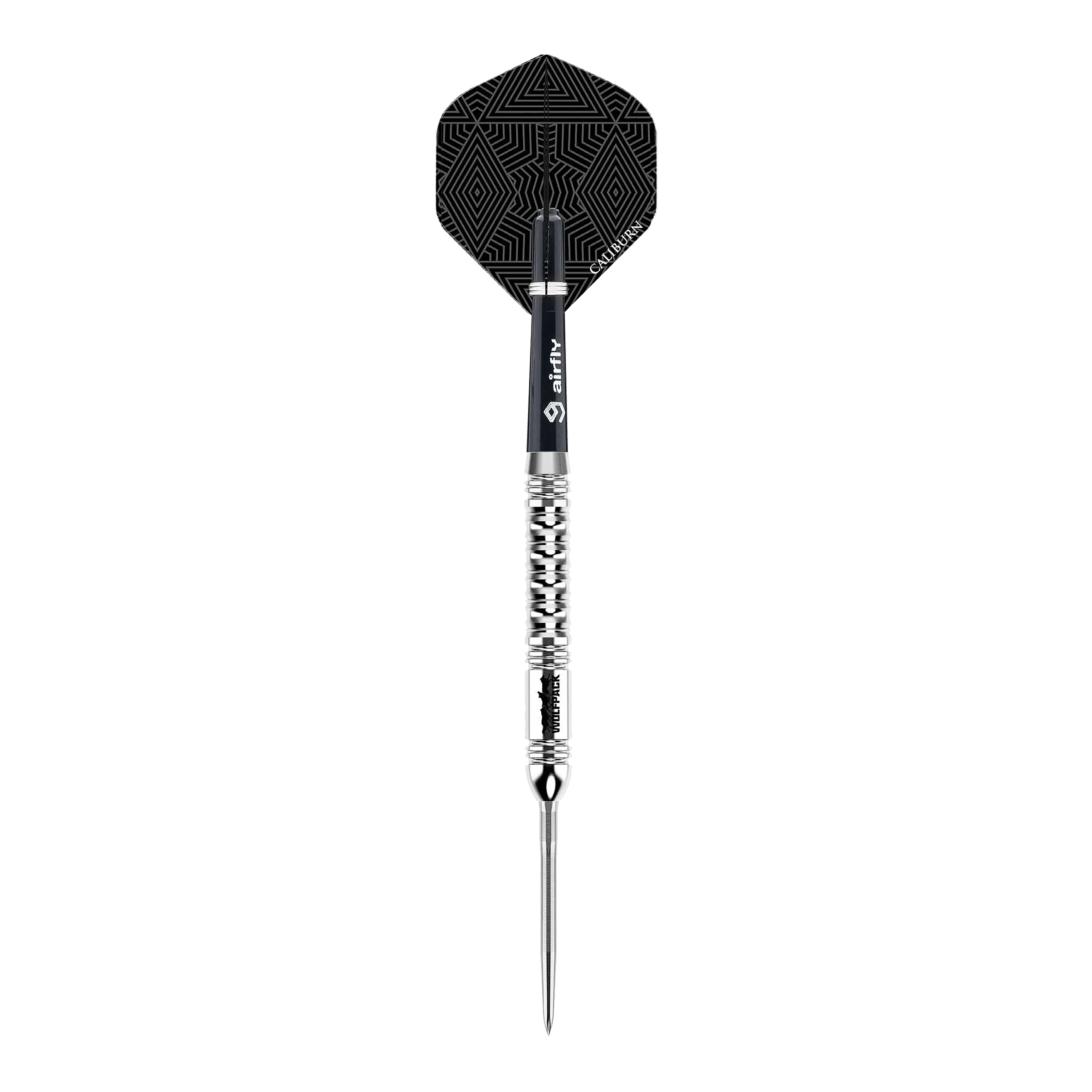 Caliburn Wolfpack W1 Steeldarts - 23g Der Caliburn Wolfpack W1 Steeldart wiegt 23,5 Gramm und hat ein auffälliges silbernes Design mit strukturiertem Griff. Die Flights sind schwarz mit einem geometrischen Muster versehen.