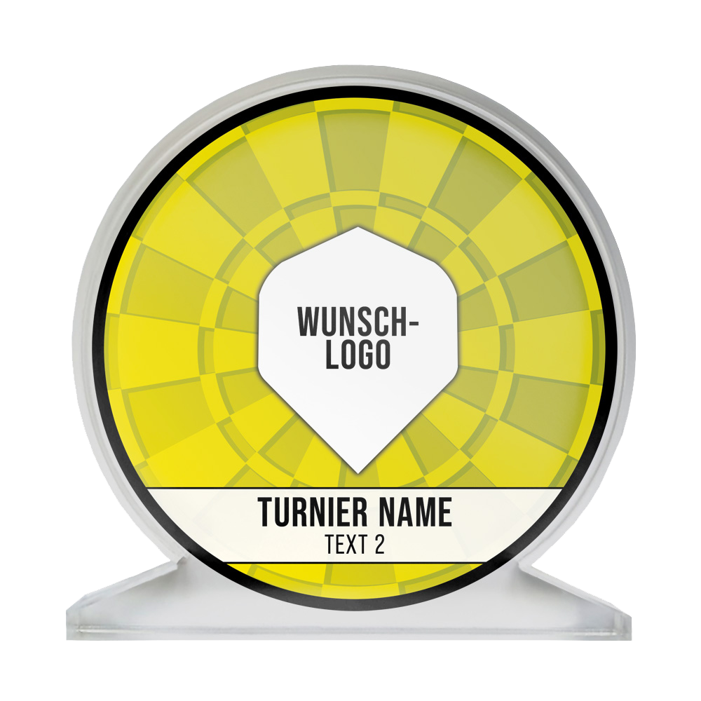 ACP-Gelb_Acrylglas_Pokal_mit_Wunschdruck_Logo_Gelb_1 Auf dem Bild ist ein runder Pokal aus Acrylglas mit gelbem Muster zu sehen. In der Mitte steht "Wunsch-Logo" und darunter "Turnier Name" sowie "Text 2".