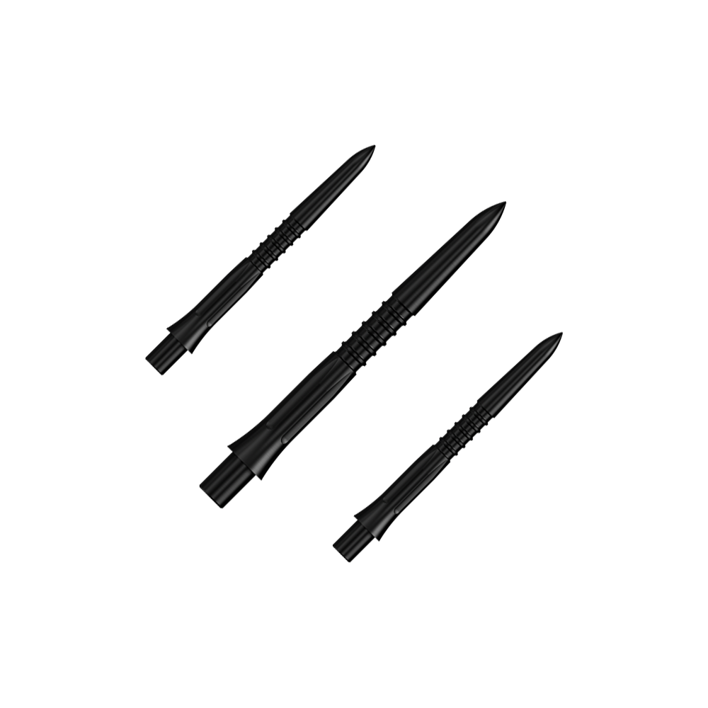 Mission Caliburn EVO Dartspitzen GV1 - Schwarz Ein Set von schwarzen Steeldartspitzen mit 26 mm Länge. Auf dem Bild sieht man mehrere Spitzen aus der Misson Caliburn EVO GV1 Reihe.