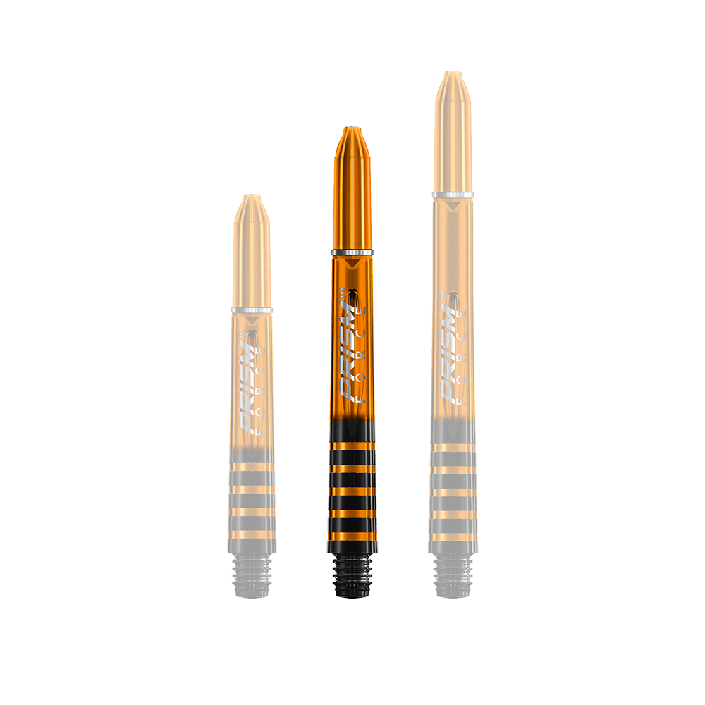Das Bild zeigt drei orangefarbene Winmau Prism Force Shafts in unterschiedlichen Längen. Die Dartschäfte haben einen glänzenden Look mit schwarzen Streifen am unteren Ende.