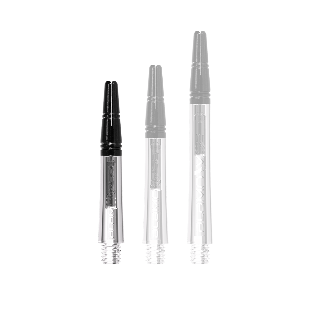 Harrows Alamo VS2 Shafts - Clear Auf dem Bild sind drei unterschiedlich lange, transparente und schwarze Dartschäfte abgebildet. Sie stehen nebeneinander auf weißem Hintergrund.
