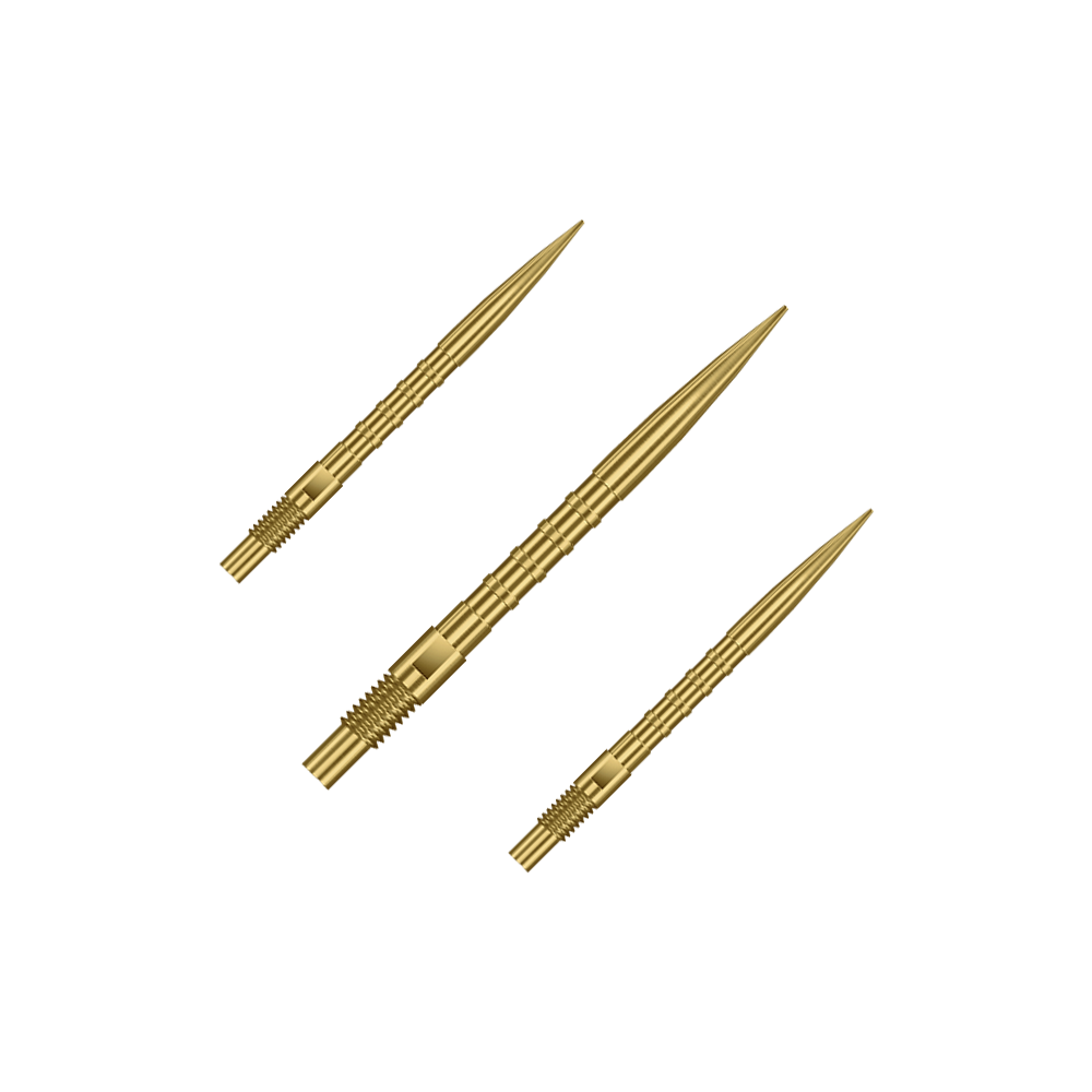 Harrows Quick Point Heavy Metal Dartspitzen - Gold Abgebildet sind goldene Dartspitzen mit 26mm Länge, dargestellt als ein Set. Es handelt sich um Harrows Quick Point Heavy Metal Grip Dartspitzen Gold 26mm im Set.