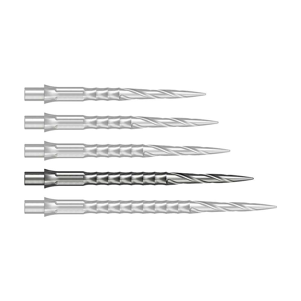 Caliburn System Steeldartspitzen - Spiro - NoLip - Silber Dieses Bild zeigt eine silberne Steeldartspitze mit einer Länge von 36 mm. Die Spitze gehört zum Caliburn Evo System und ist vom Typ Spiro NoLip.