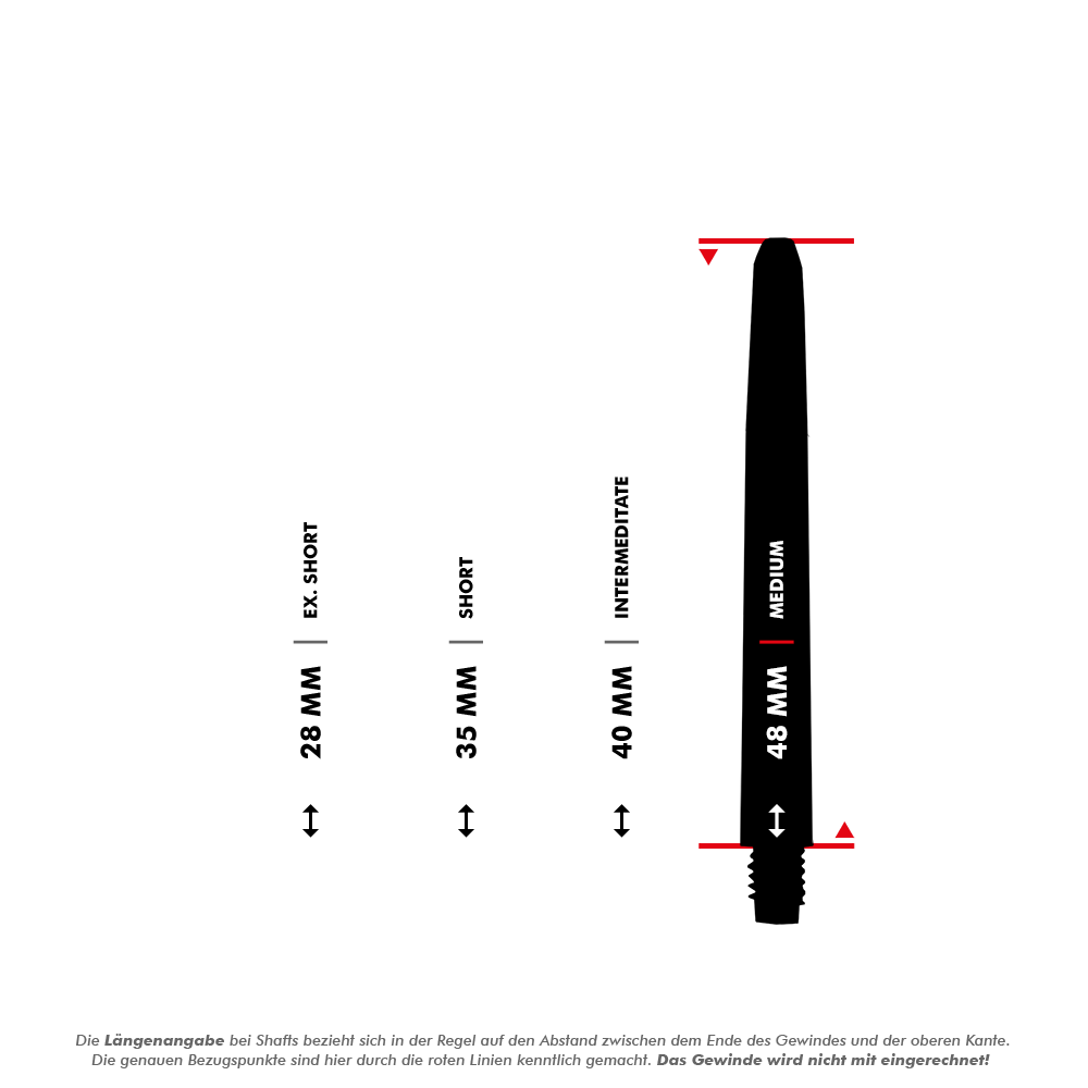 565_Nylon_Shafts_5_48mmB0amRKj8z3k8p Das Bild zeigt verschiedene Längen der Nylon Shafts - Schneeweiß, von Extra Short (28 mm) bis Medium (48 mm). Die Maße beziehen sich auf den Abstand zwischen dem Ende des Gewindes und der oberen Kante, das Gewinde wird dabei nicht mitgerechnet.