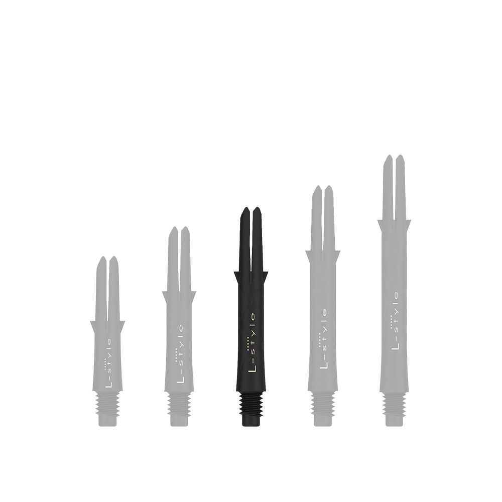 Das Bild zeigt fünf schwarze Dartschäfte aus Carbon in verschiedenen Längen. Sie sind jeweils mit dem Schriftzug „L-style“ versehen und stehen nebeneinander aufgereiht.