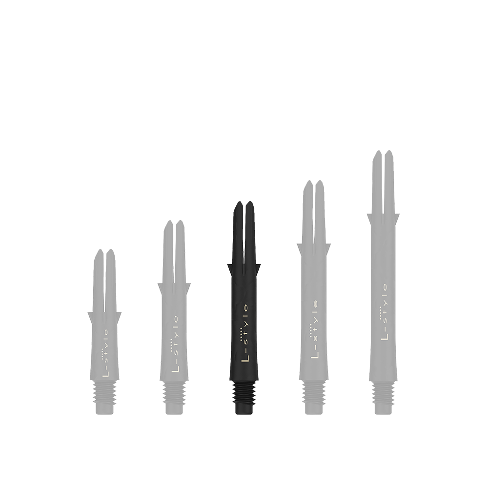 L-Style Carbon Shafts 225 Das Bild zeigt fünf schwarze Dartschäfte aus Carbon in verschiedenen Längen. Sie sind jeweils mit dem Schriftzug „L-style“ versehen und stehen nebeneinander aufgereiht.
