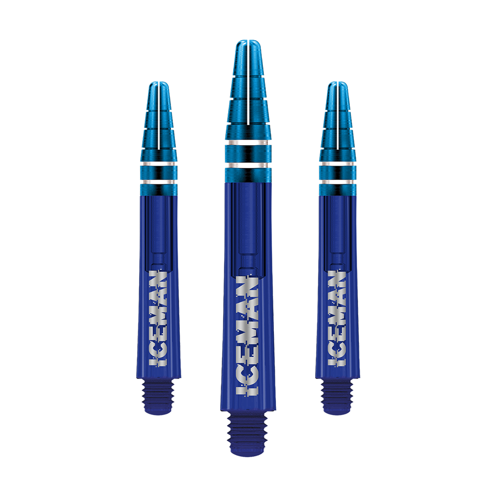 C810_Red_Dragon_Nitrotech_Gerwyn_Price_Blue_Shafts_36mm_1 Das Bild zeigt drei blaue Dartschäfte mit silbernen Ringen. Auf jedem Schaft steht in weißer Schrift das Wort "ICEMAN".