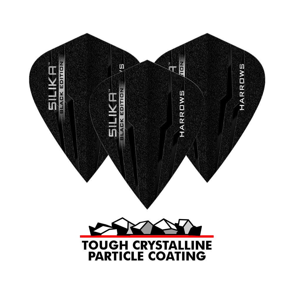 Harrows Silika Black-Edition Kite Flights Das Bild zeigt drei schwarze Harrows Silika Black-Edition Kite Flights mit glänzender Beschriftung. Darunter steht „Tough Crystalline Particle Coating“ mit einer Grafik von Kristallen.