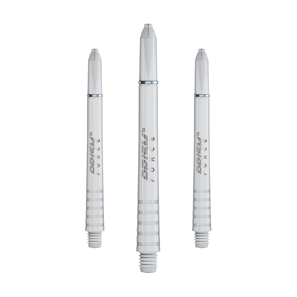 7020-202_Winmau_Prism_Force_Shafts_Weiss_48mm_1 Auf dem Bild sind drei weiße Dartschäfte mit der Aufschrift "PRISM FORCE" zu sehen. Die Schäfte haben ein geriffeltes Ende zum Einschrauben und sind nebeneinander angeordnet.