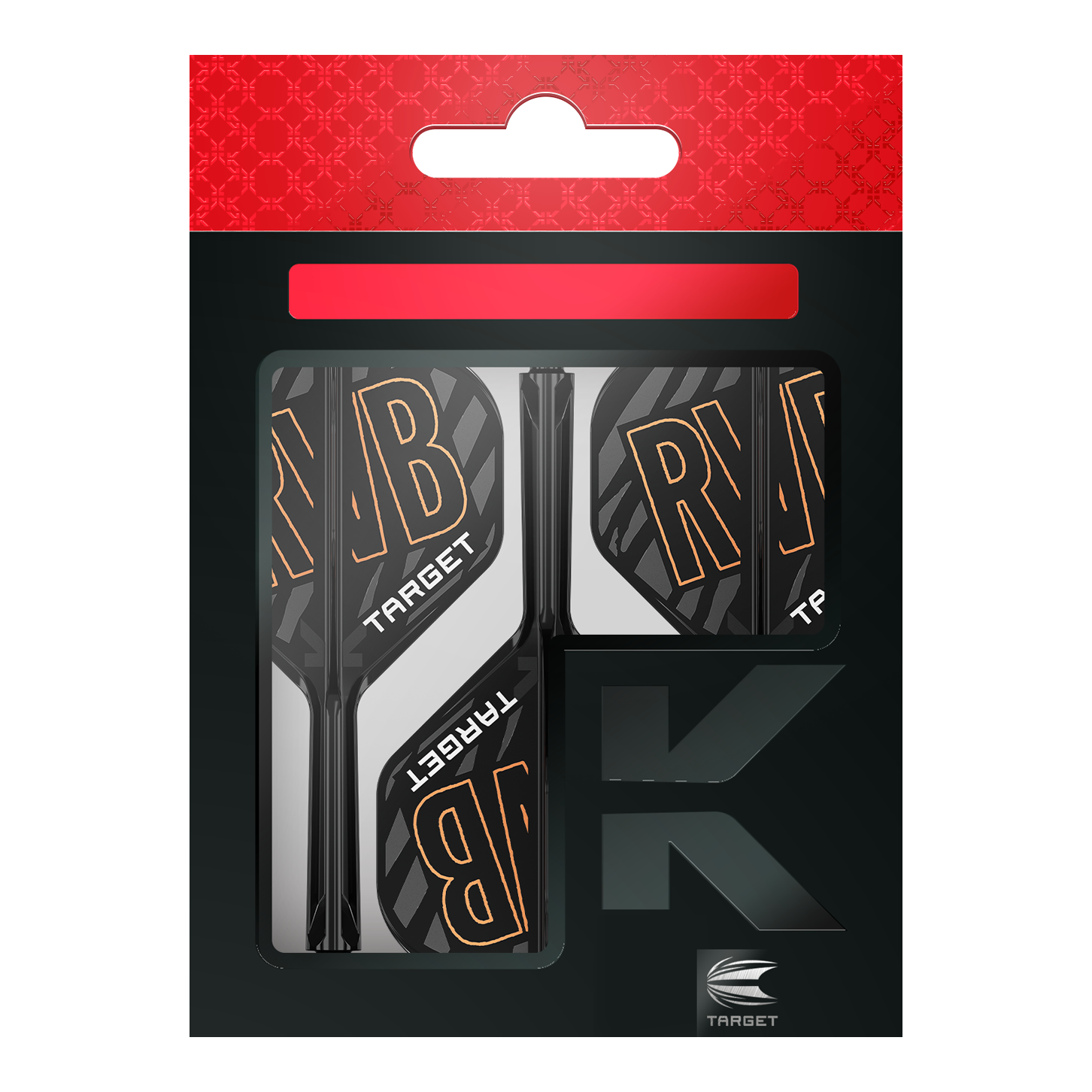 Auf dem Bild ist eine Verpackung mit Dartflights und -schäften der Marke Target zu sehen. Die Flights tragen die Buchstaben "RVB" und sind schwarz-weiß mit orangener Schrift gestaltet.