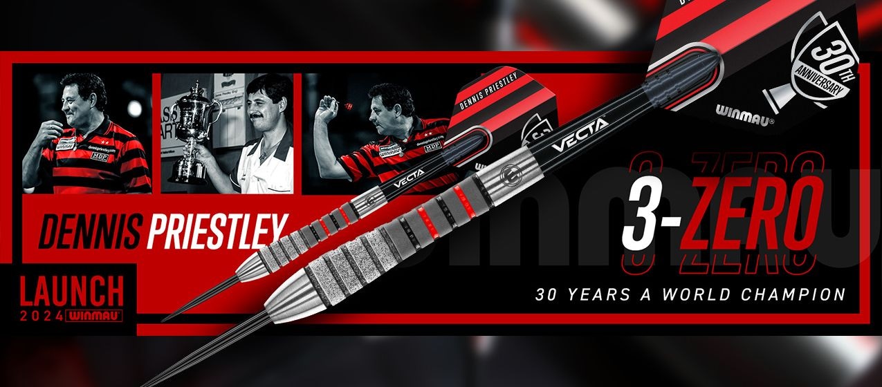 Das Bild zeigt eine Werbegrafik für den Dartspieler Dennis Priestley und das neue Winmau 3-Zero Dart-Set. Es feiert 30 Jahre seit seinem Weltmeistertitel und präsentiert Bilder von Priestley und das Design der neuen Darts.