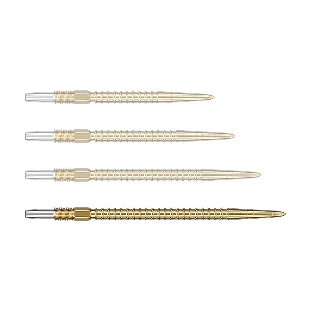 Auf dem Bild sind vier goldfarbene Dartspitzen nebeneinander zu sehen. Die Spitzen haben ein geriffeltes Muster und silberne Enden.