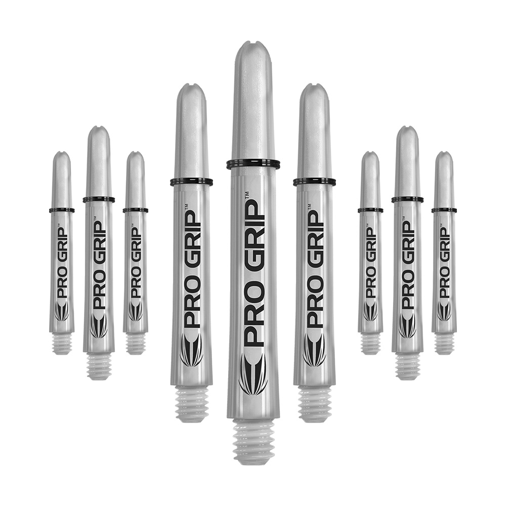 Das Bild zeigt neun transparente Pro Grip Shafts für Darts, angeordnet in einer Reihe. Auf den Schäften steht deutlich „PRO GRIP“ geschrieben.