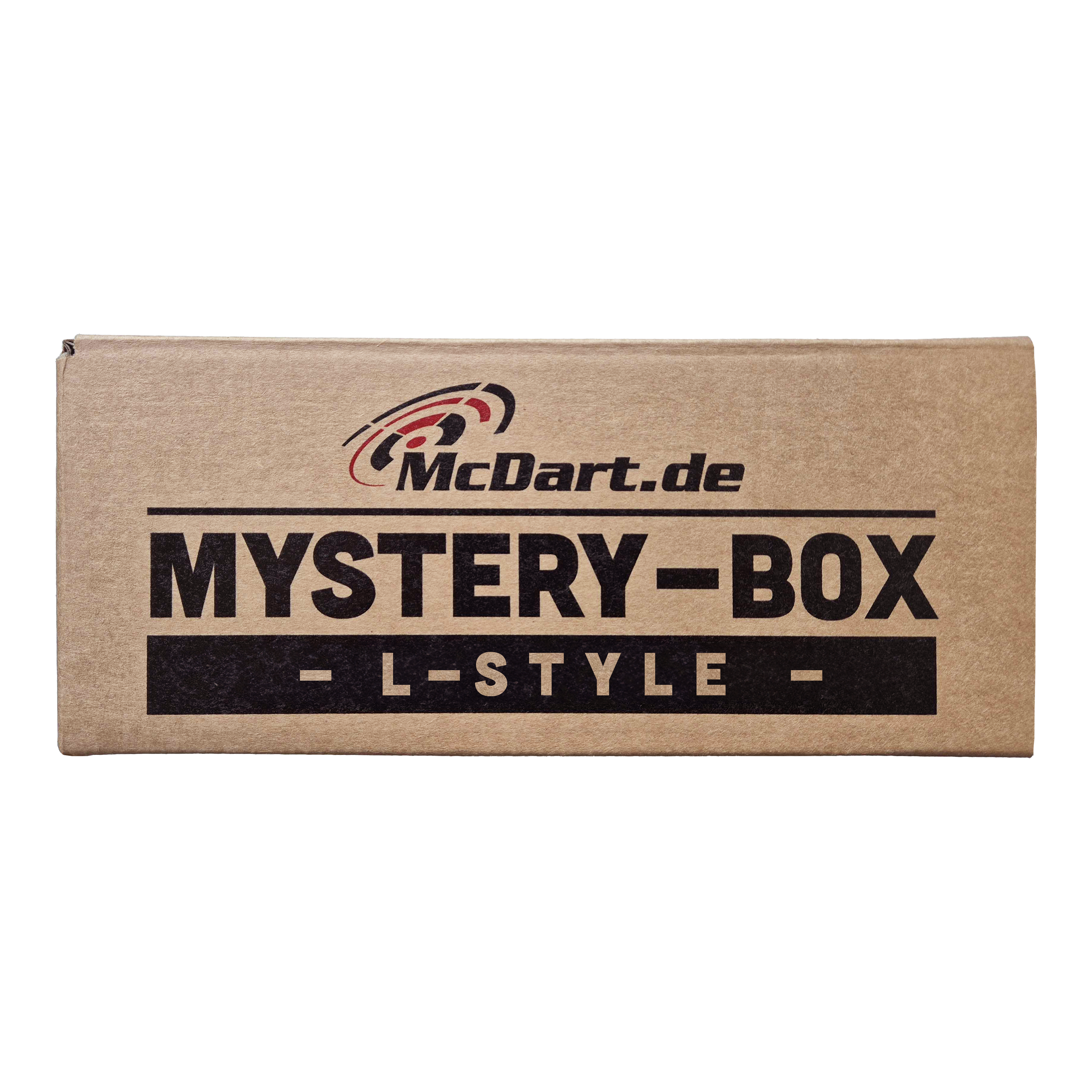 McDart Mystery-Box - L-Style Auf dem Bild ist eine braune Box mit der Aufschrift "McDart.de Mystery-Box - L-Style -" zu sehen. Die Box sieht verschlossen aus und weckt Neugier auf den Inhalt.