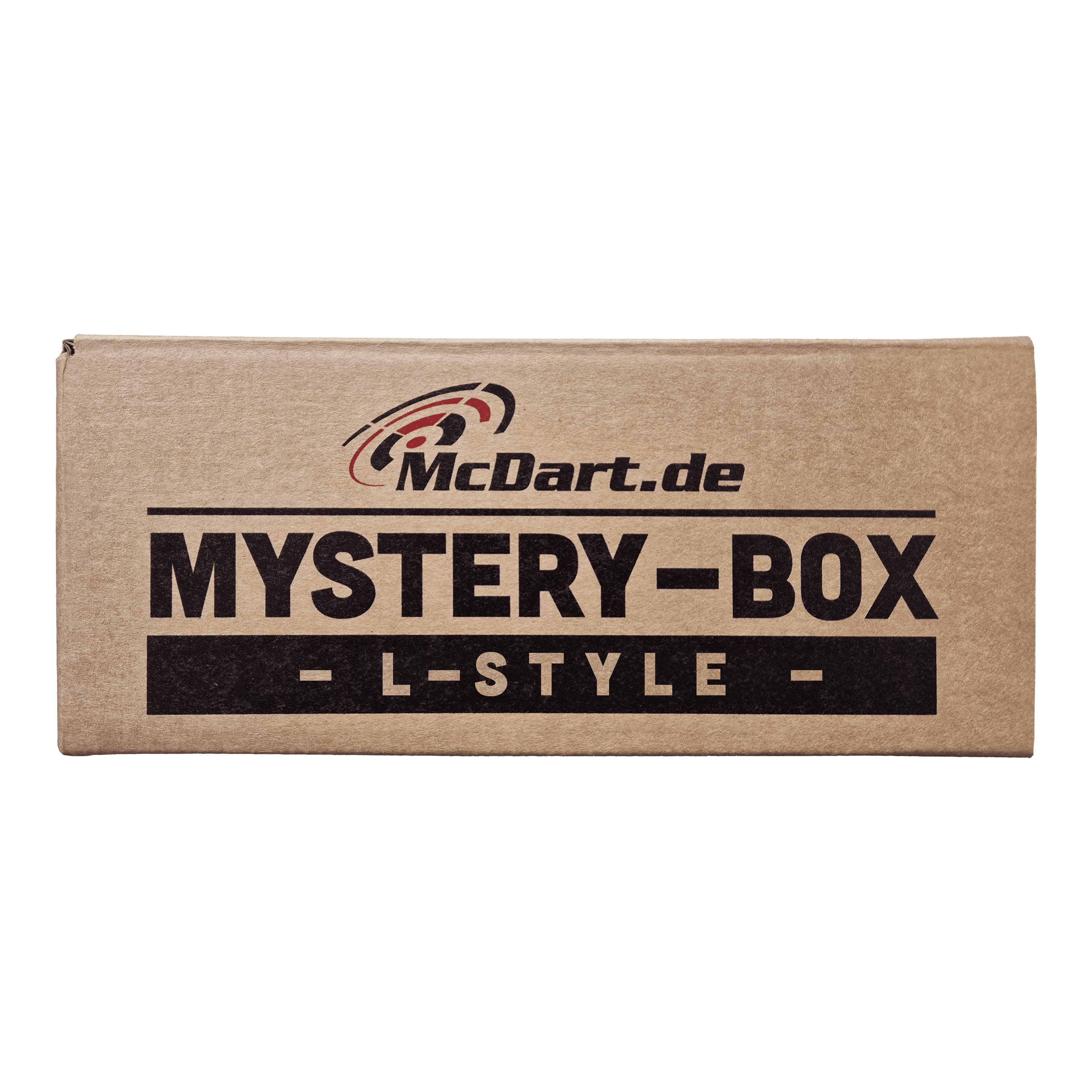 McDart Mystery-Box - L-Style Auf dem Bild ist eine braune Box mit der Aufschrift "McDart.de Mystery-Box - L-Style -" zu sehen. Die Box sieht verschlossen aus und weckt Neugier auf den Inhalt.